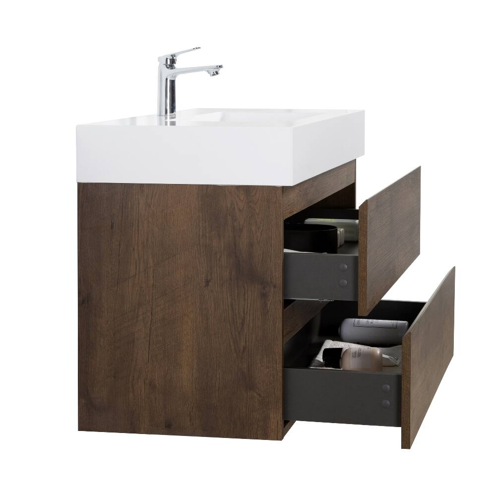 Alt View 4. Loheer - Loheer 36 inch walnut bathroom vanity wall mounted floating vanity with white sink basin pre-assembled - White+Walnut.