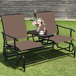 Gymax - Patio 2-Person Glider Rocking Char Loveseat Garden w/ Tempered Glass Table - Brown