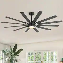 Breezary - 72-Inch Ceiling Fan with LED Light, 12 Reversible Wood Blades, DC Motor, 6 Speeds, Timer, Remote and Memory Function - Black and Walnut