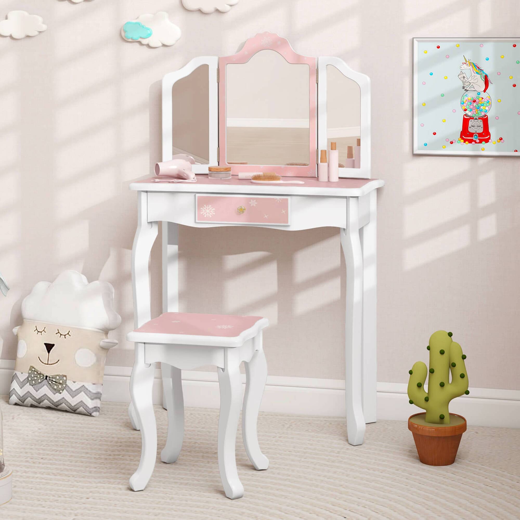 Alt View 4. Costway - Costway Kids Vanity Set Toddler Makeup Table & Stool with Tri-folding Mirror Drawer - Pink.