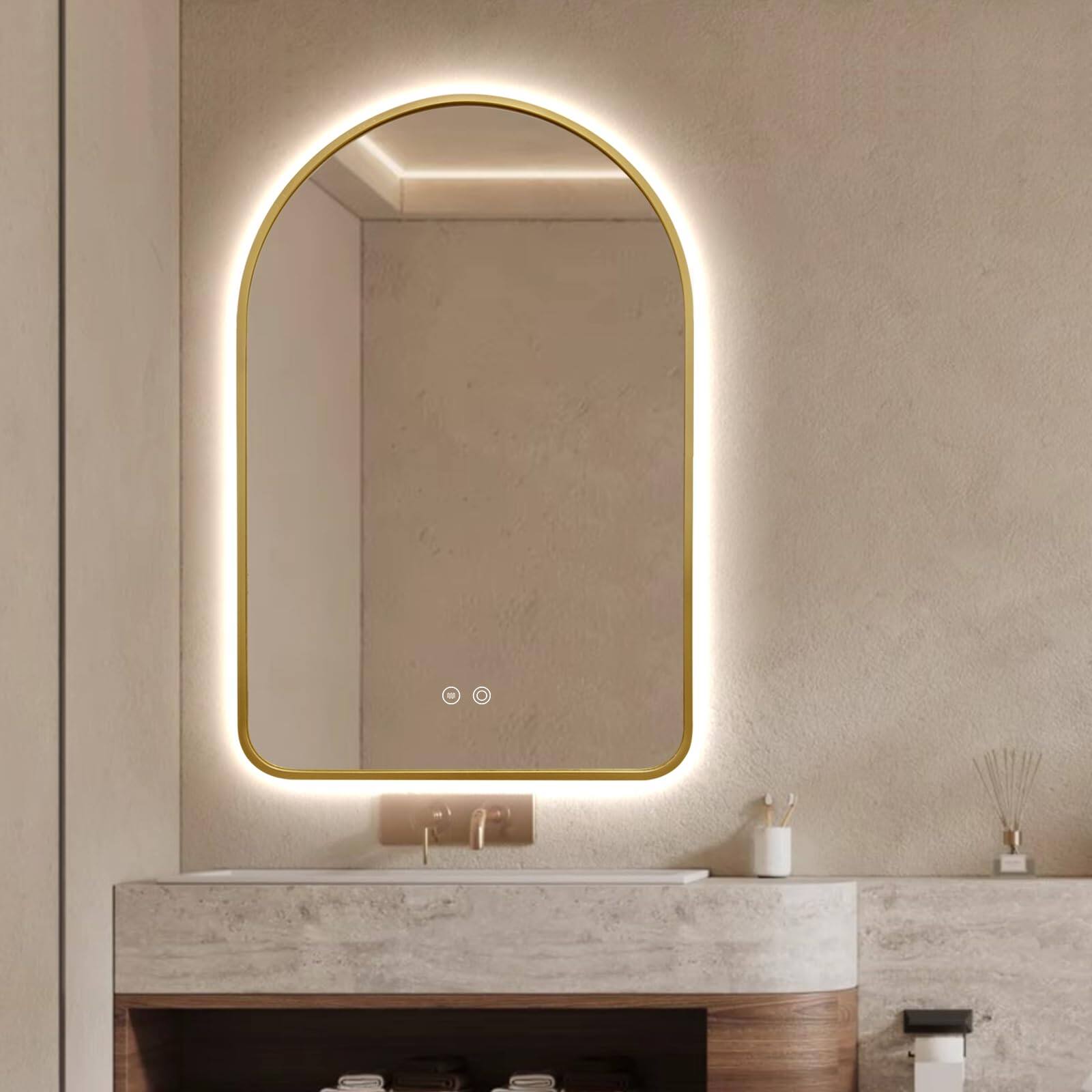 Front. COTTAGE - Arched Led Bathroom Mirror Wall Mounted Backlit With Lights Fog Free Lighted Framed Smart Anti fog Color Te - Gold 36"L x 24"W.