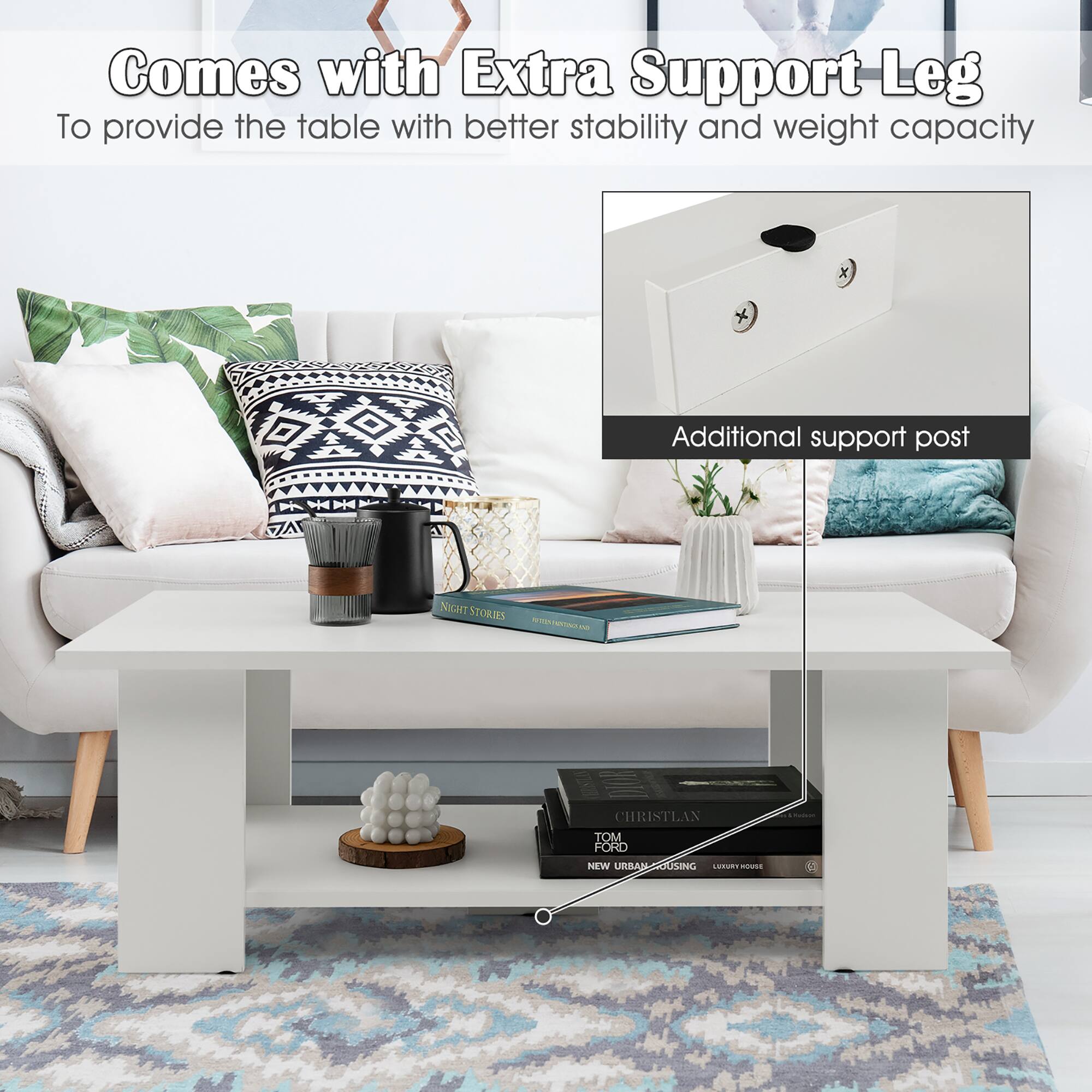 The image features a living room with a white couch, a coffee table, and a book. The table is equipped with extra support legs to provide better stability and weight capacity. The living room also has a potted plant and a vase, adding to the cozy atmosphere.