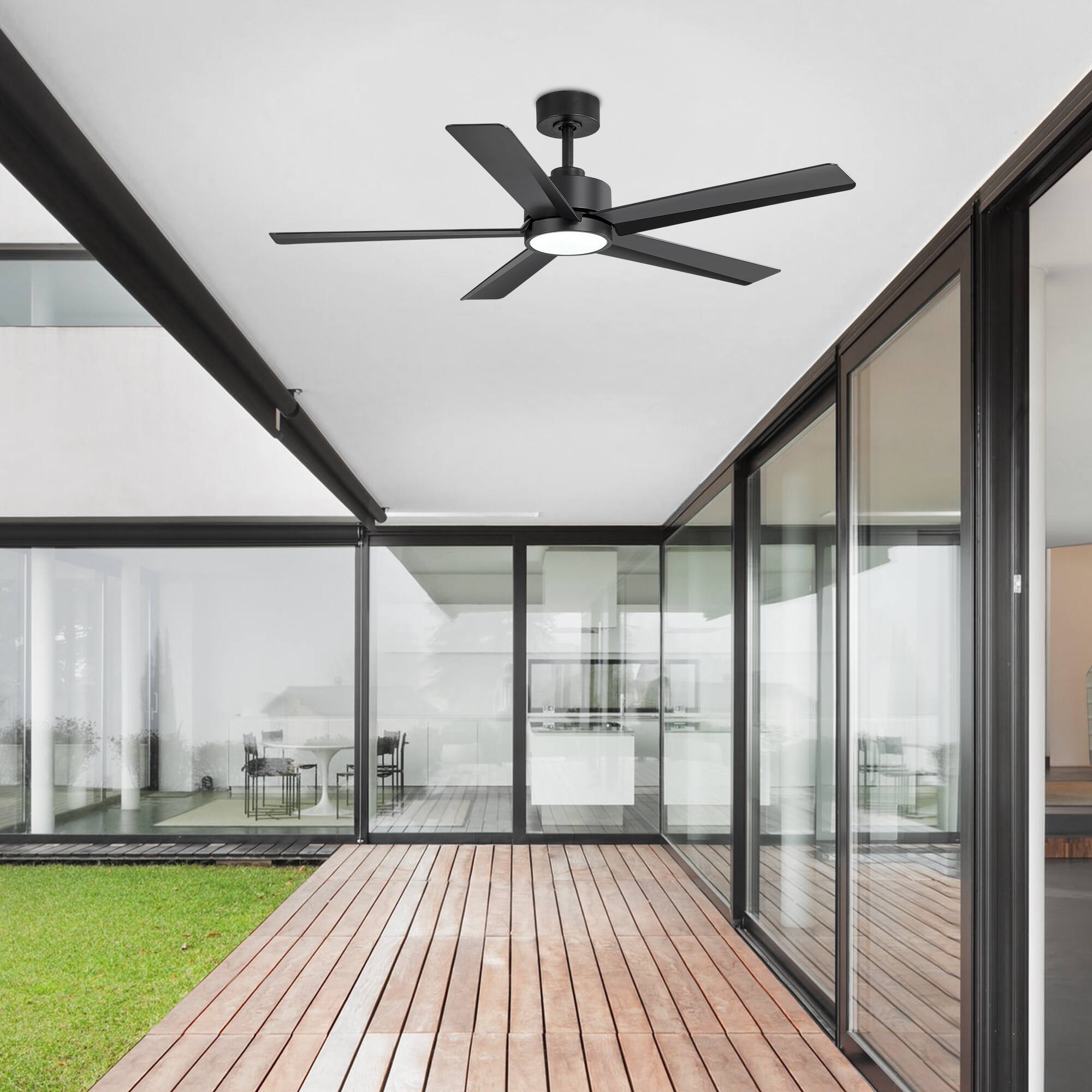 Back. Breezary - 52-Inch Indoor Modern Ceiling Fan with Integrated Light, DC Motor, 6-Speed Remote, 5 Blades, Includes 5" & 10" Downrods - Black (LED).