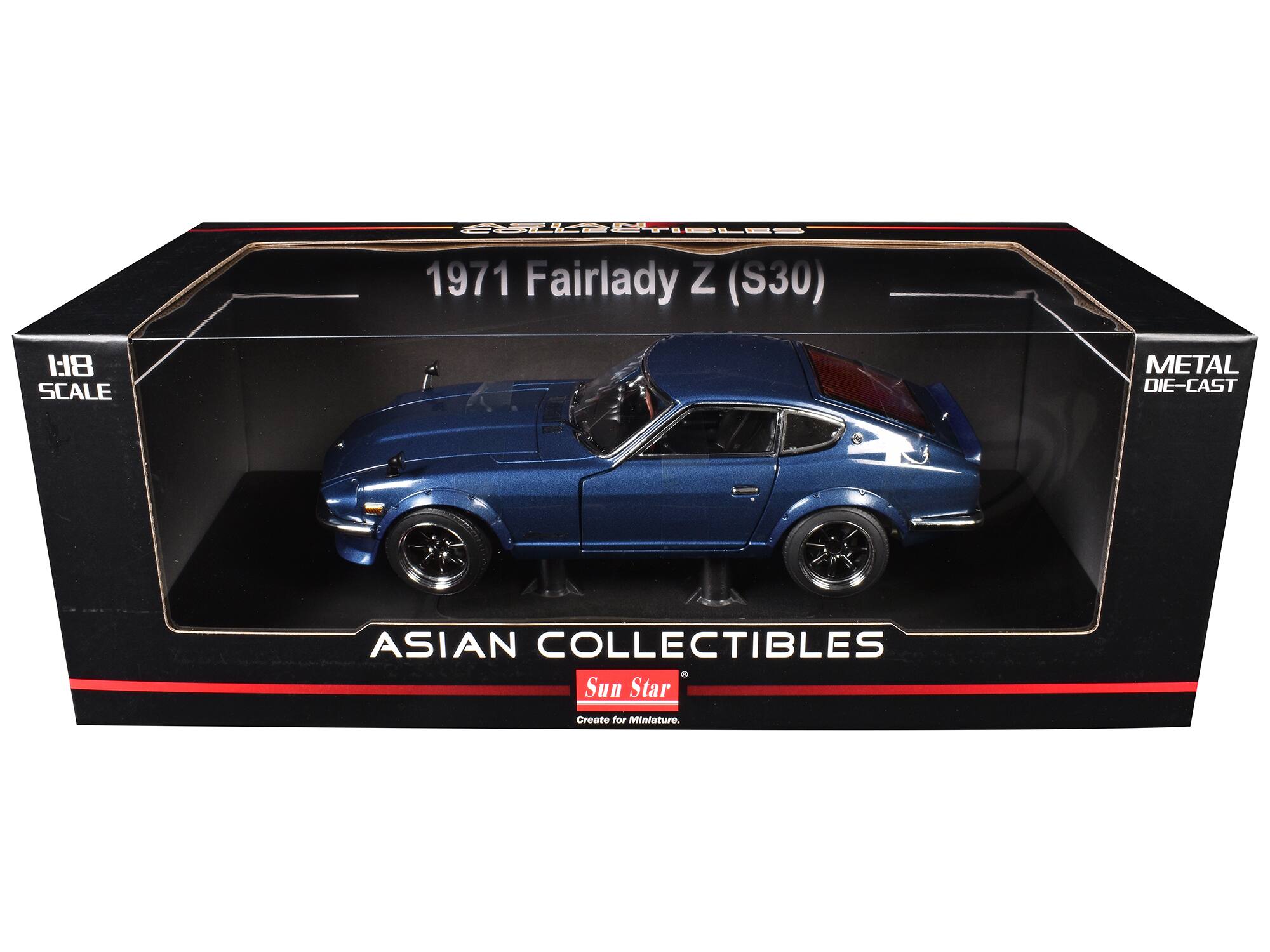 COLLECTIBLES 1971 Fairlady Z (S30)  
1:18 SCALE  
METAL DIE-CAST  
ASIAN COLLECTIBLES Sun Star  
Create for Miniature.