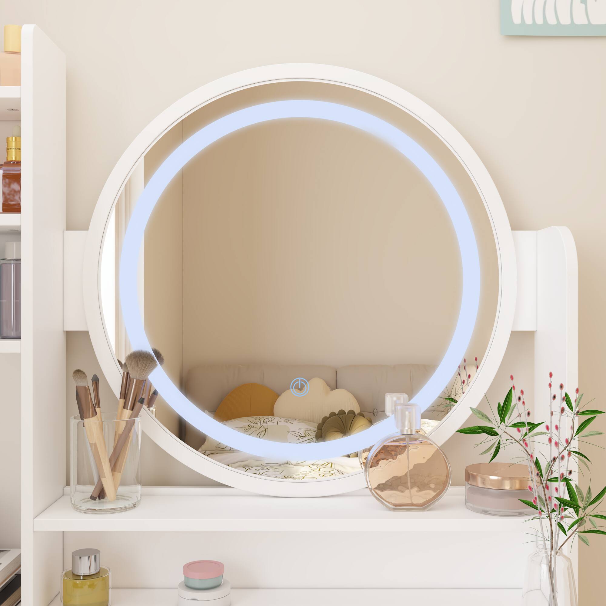 Alt View 8. Famapy - Vanity Desk with 3-Color LED Mirror & Upholstered Stool, Makeup Table with Drawers & Shelves for Bedroom - White.