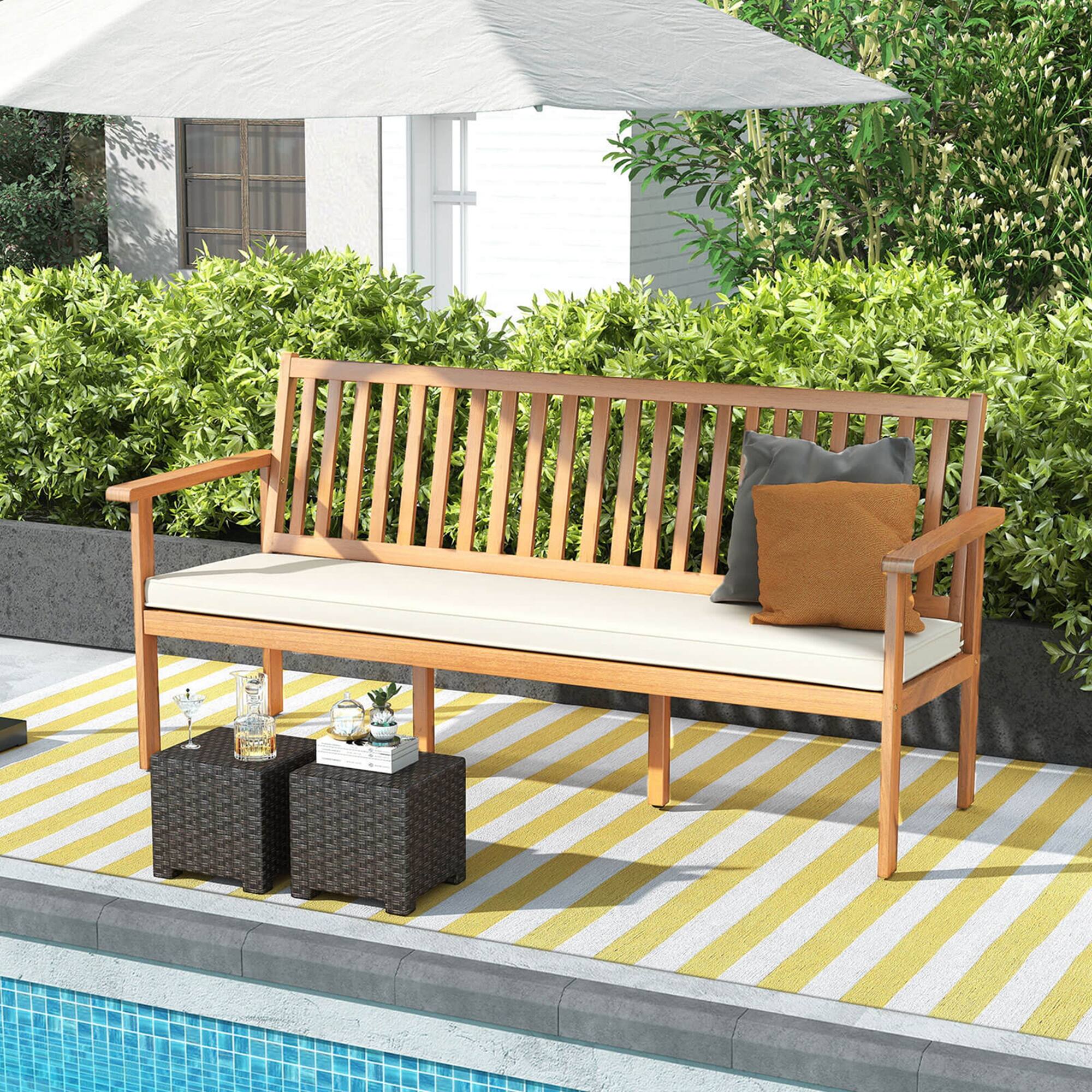 Alt View 4. Costway - Costway Outdoor 3-Seat Wood Bench 64 Inches Extra Long Acacia Chair with Seat Cushion - White.