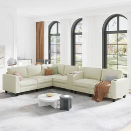 Anysun - L-Shape 6-Seat Corduroy Sofa with Storage Armrests, Center Console & USB Charging. - Beige