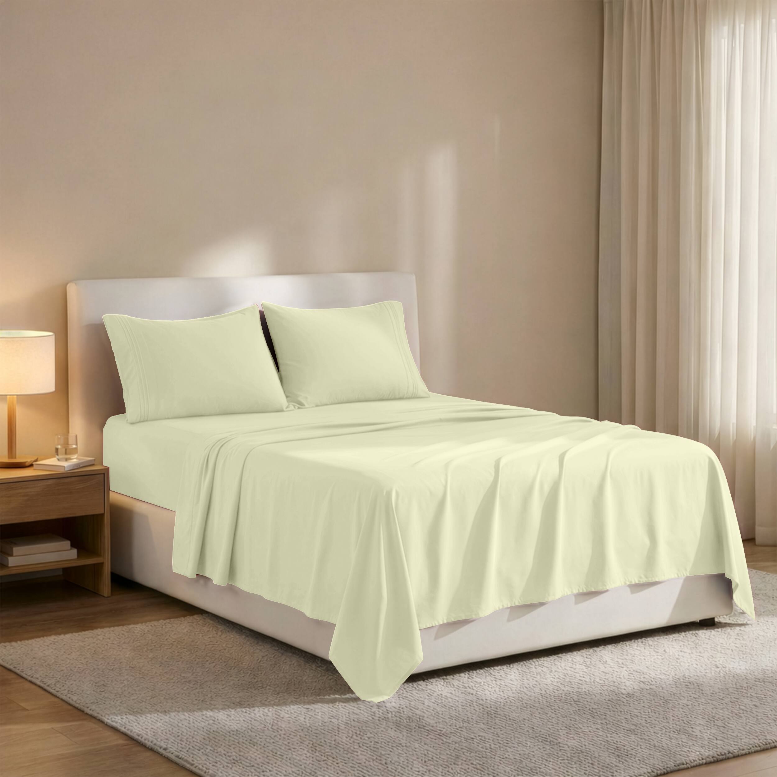 Angle. Lux Decor Collection - 4-Piece Queen Bed Sheet Set, Ultra Soft Microfiber, Deep Pocket, Wrinkle-Resistant, Hypoallergenic, All-Season Comfort - Vanilla.