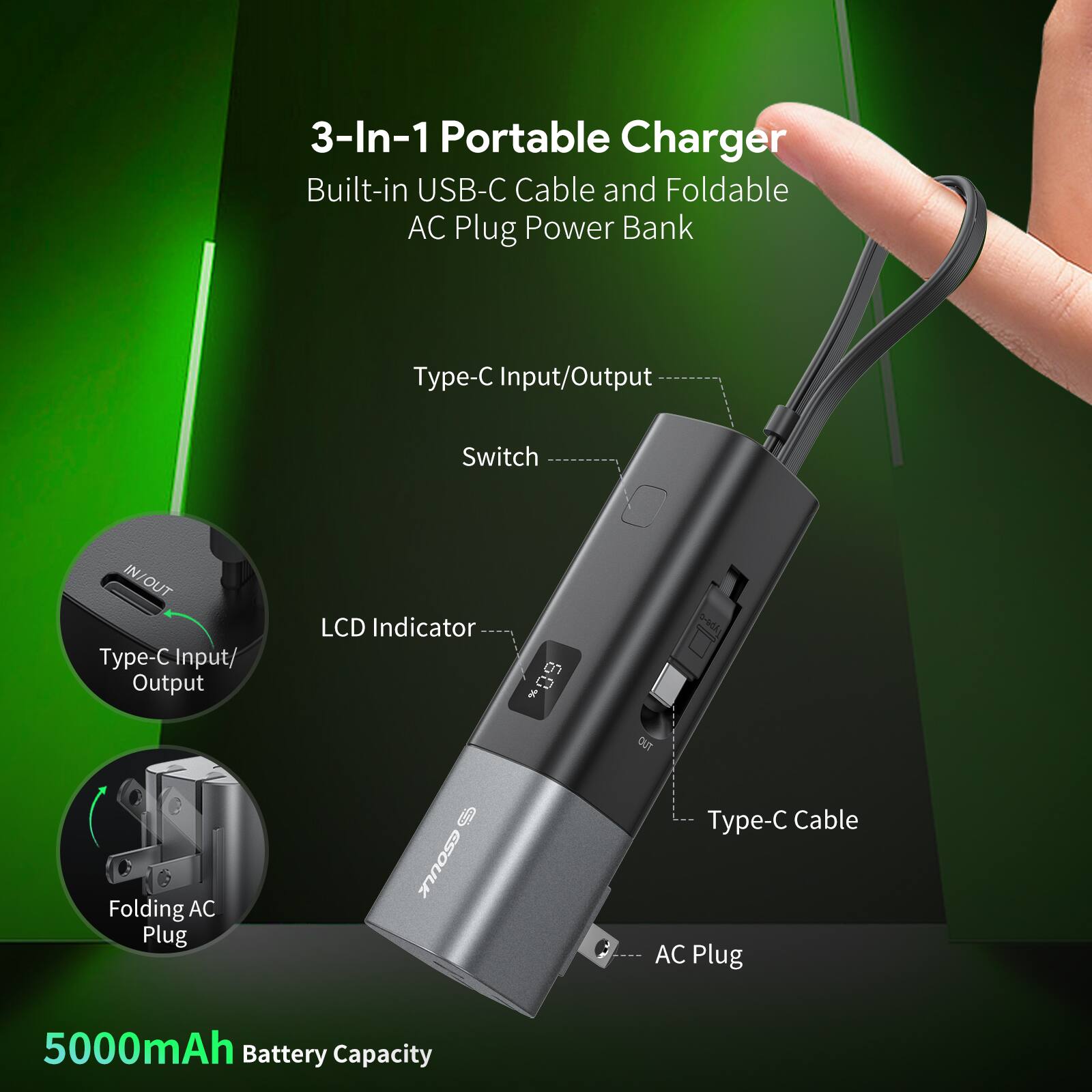 3-In-1 Portable Charger, Built-in USB-C Cable and Foldable AC Plug Power Bank, Type-C Input/Output, Switch, LCD Indicator, Type-C Cable, AC Plug, 5000mAh Battery Capacity