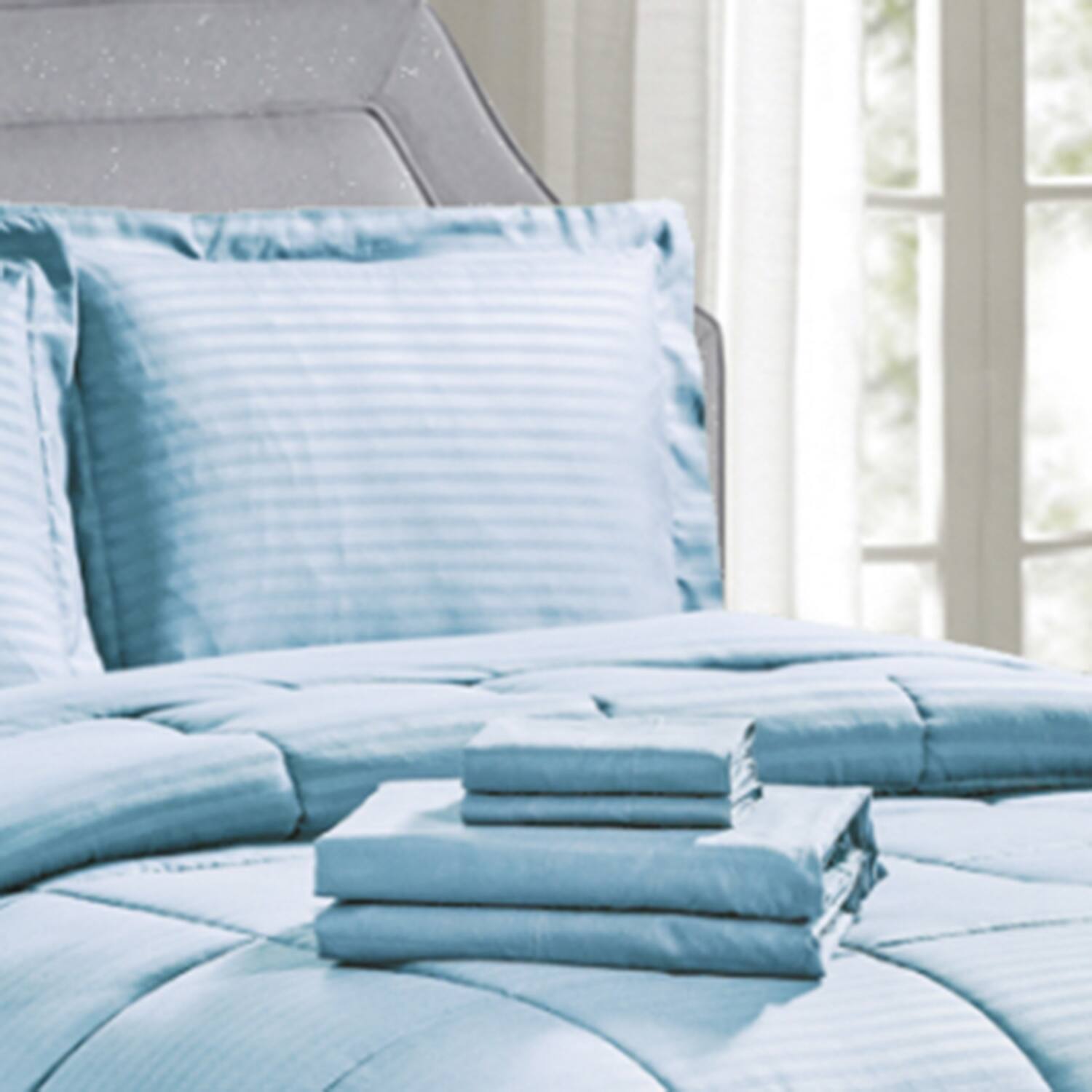 Alt View 3. Plazatex - Plazatex Embossed Dobby Stripe 8 Pieces Comforter Bed In A Bag Set Queen Lt. Blue - Lt. Blue.