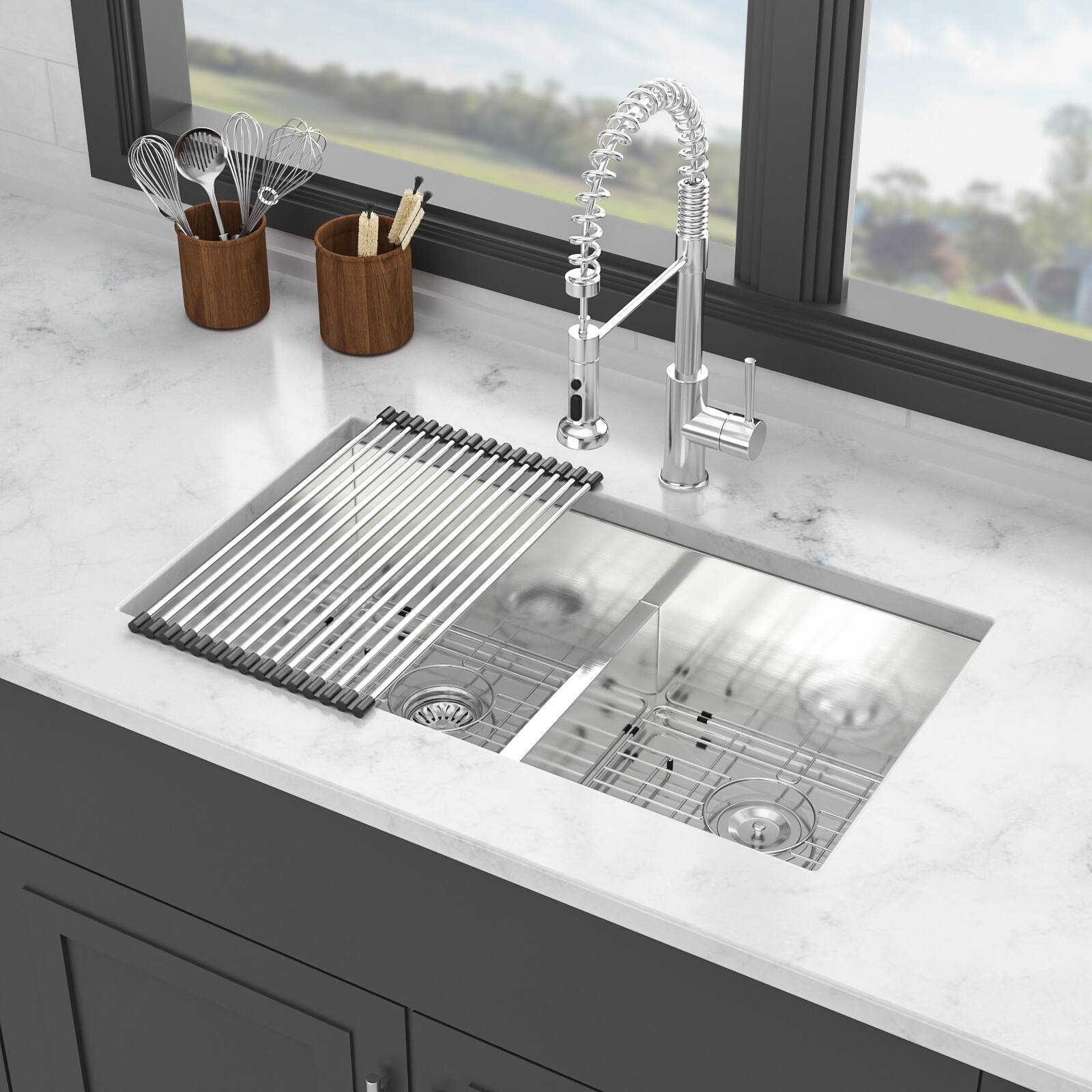 Alt View 2. Siljoy - Double Bowl(50/50) Undermount Sink- 28"x19"x10" Double Bowl Kitchen Sink 16 Gauge with Two 10" Deep Basin - Brushed Nickel.