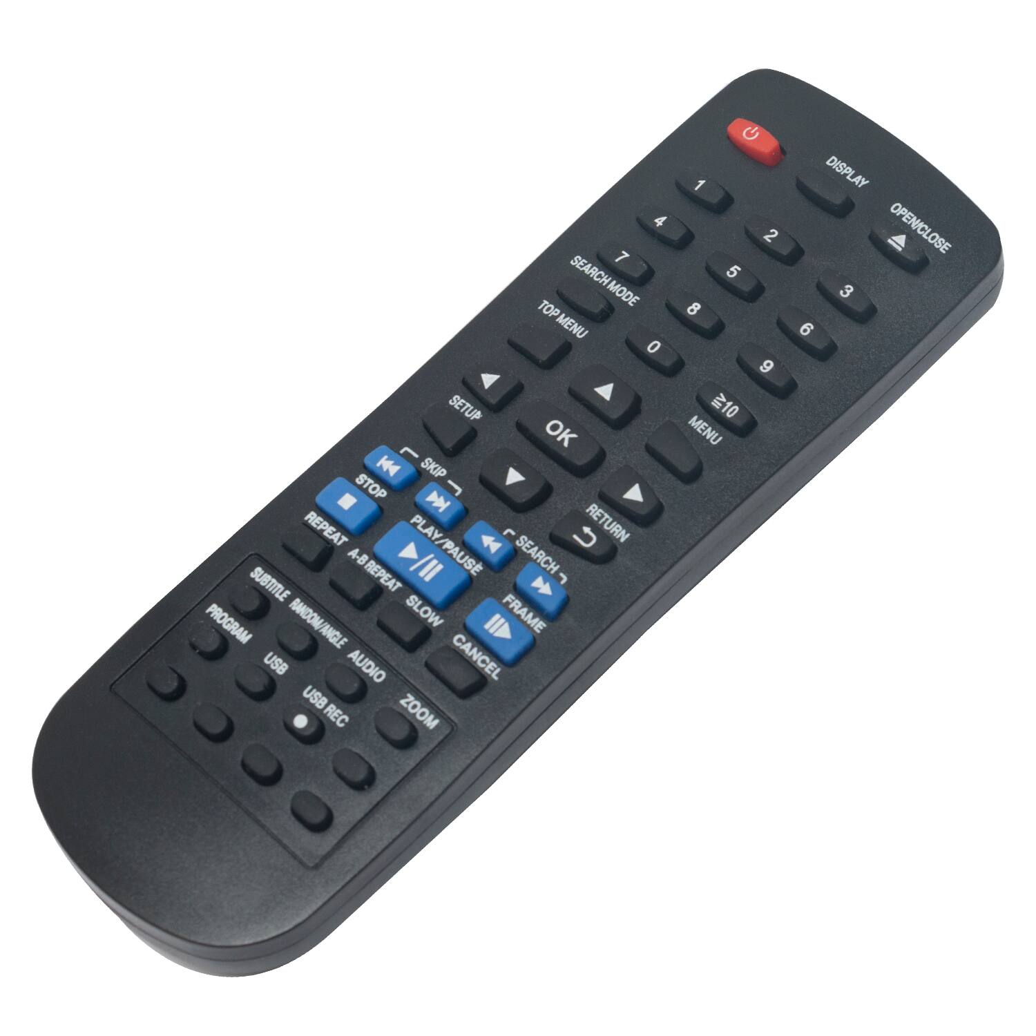 Sure, here is the corrected and grouped text from the image:

- **Top Row:**
  - 1
  - 2
  - 3
  - 4
  - 5
  - 6
  - 7
  - 8
  - 9
  - 0
  - 10

- **Second Row:**
  - DISPLAY
  - OPEN/CLOSE

- **Third Row:**
  - SEARCH MODE
  - TOP MENU

- **Fourth Row:**
  - SETUP
  - OK
  - MENU

- **Fifth Row:**
  - SKIP
  - STOP
  - M
  - REPEAT
  - PLAY/PAUSE
  - RETURN
  - A-B REPEAT
  - A-B
  - D/II
  - PAUSE
  - SEARCH
  - SUBTITLE

- **Sixth Row:**
  - PROGRAM
  - RANDOM/ANGLE
  - SLOW
  - FRAME
  - USB
  - AUDIO
  - CANCEL
  - USB REC
  - ZOOM

- **Bottom Row:**
  - L
  - K4
