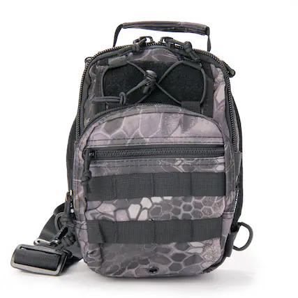Front. Rattlesnake Tactical - Rattlesnake Tactical Sling Pack with Pistol Retention System, Black Camo - Black Python.