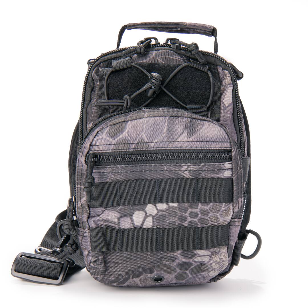 Front. Rattlesnake Tactical - Rattlesnake Tactical Sling Pack with Pistol Retention System, Black Camo - Black Python.