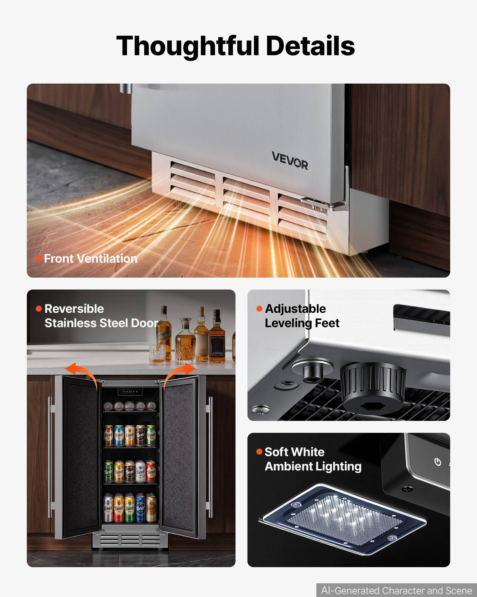 Thoughtful Details

VEVOR

- Front Ventilation
- Reversible Stainless Steel Door
- Adjustable Leveling Feet
- Soft White Ambient Lighting

AI-Generated Character and Scene