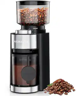 Aromaster - Burr Coffee Grinder with 25 Grind Setting, Conical Coffee Grinder 2-12 Cups Timer - Black