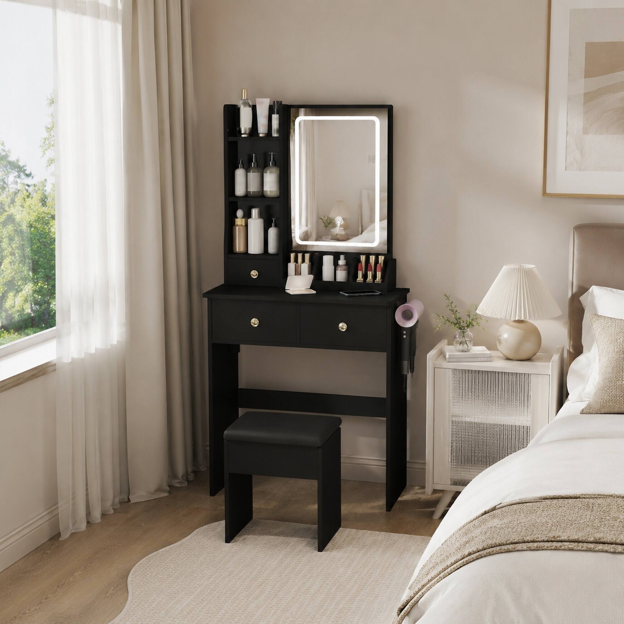 Back. RYHNUYNE - Small Black Vanity Desk, Eco-Friendly MDF, 3 LED Lighting Modes, 3 Drawers, Open Shelves, Hair Dryer Holder, Power - Black.