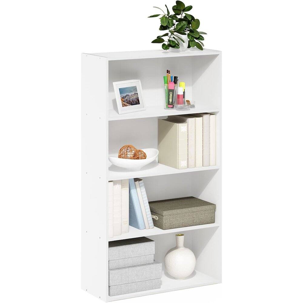 Left. FurniFact - White Wooden Book Shelf with Four Open Wooden Shelves for Modern Interiors - White.