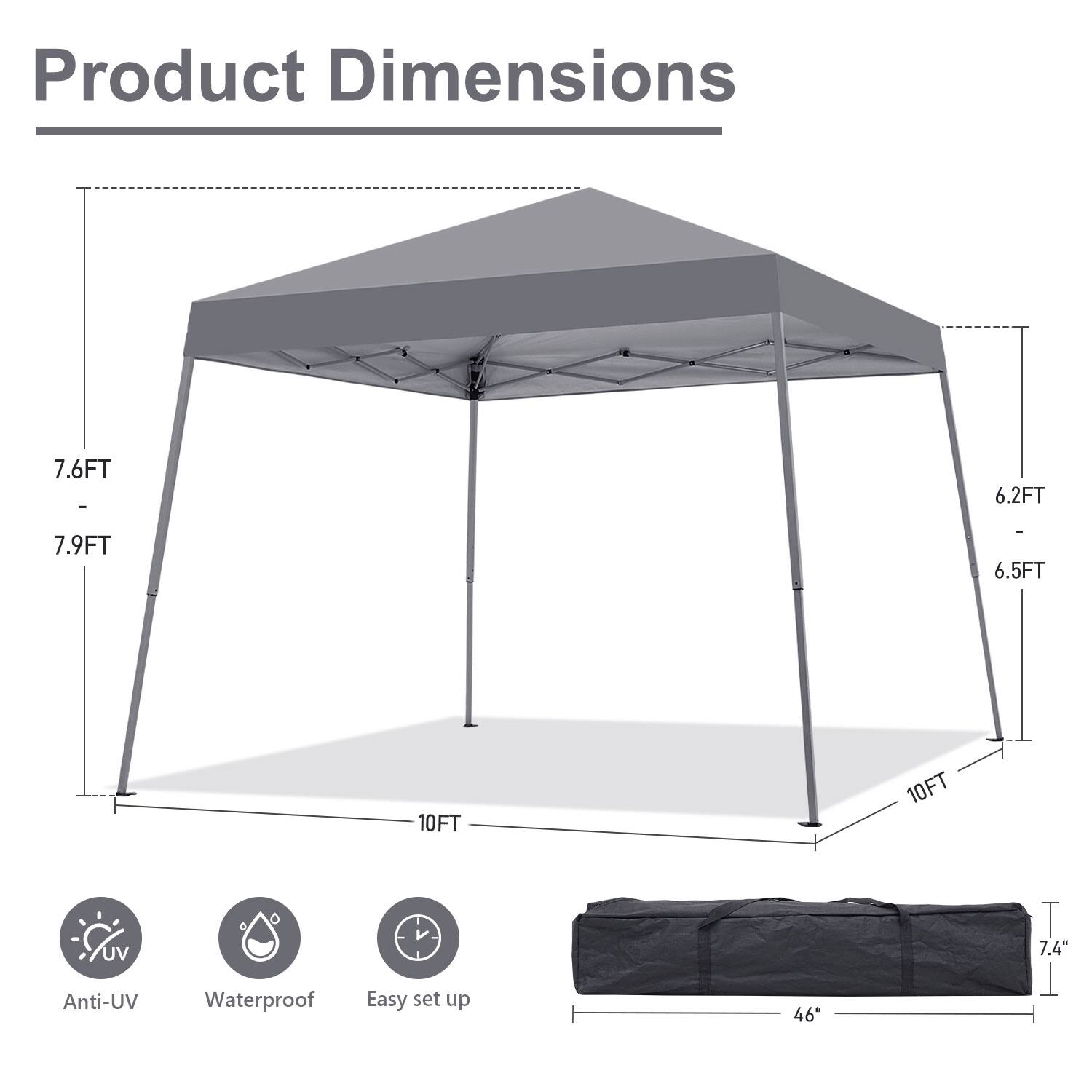 Product Dimensions: 7.6FT - 6.2FT, 7.9FT, 6.5FT, 10FT, 10FT, 7.4", 46"

Features: Anti-UV, Waterproof, Easy set up