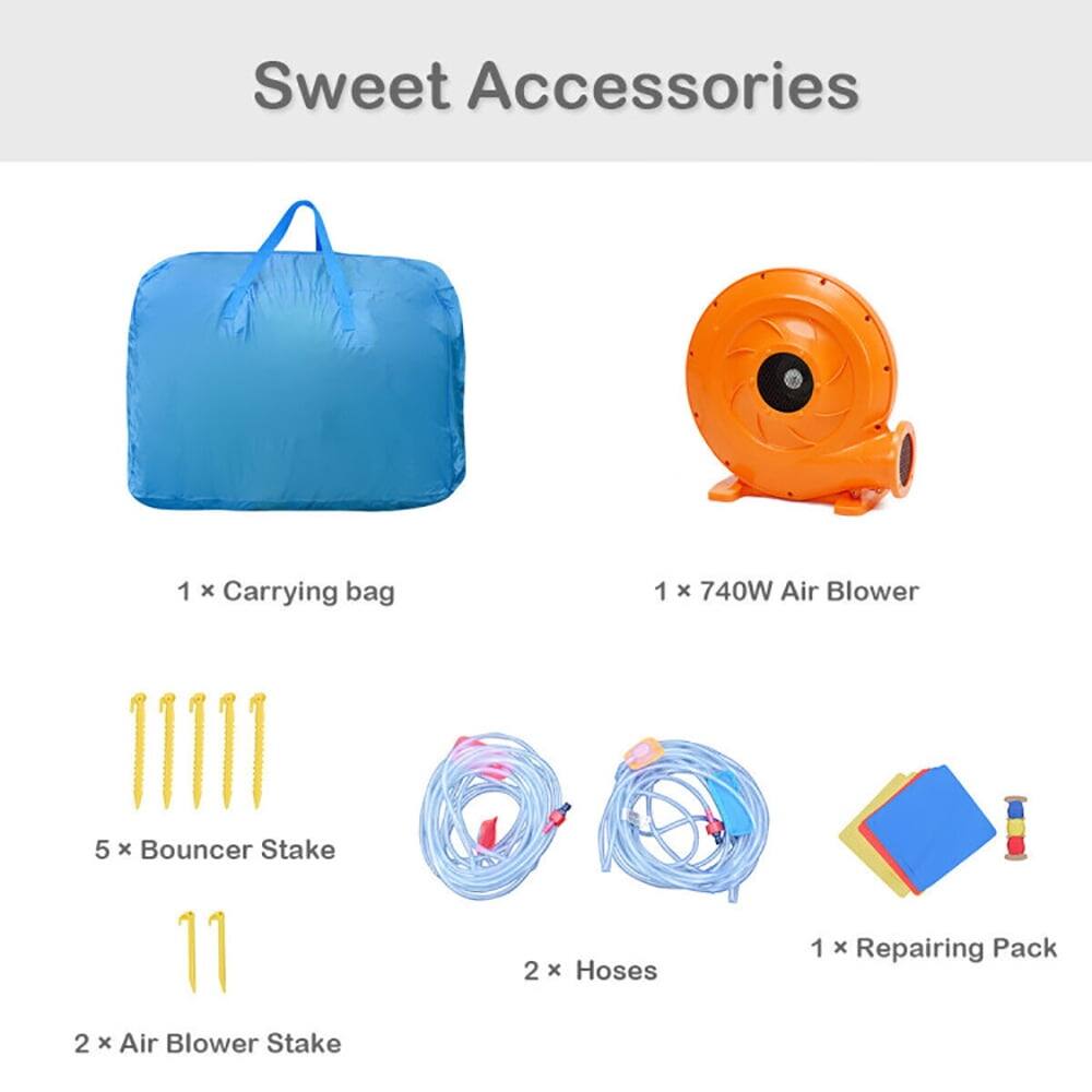 Sweet Accessories  
1 x Carrying bag  
1 x 740W Air Blower  
5 x Bouncer Stake  
2 x Air Blower Stake  
2 x Hoses  
1 x Repairing Pack
