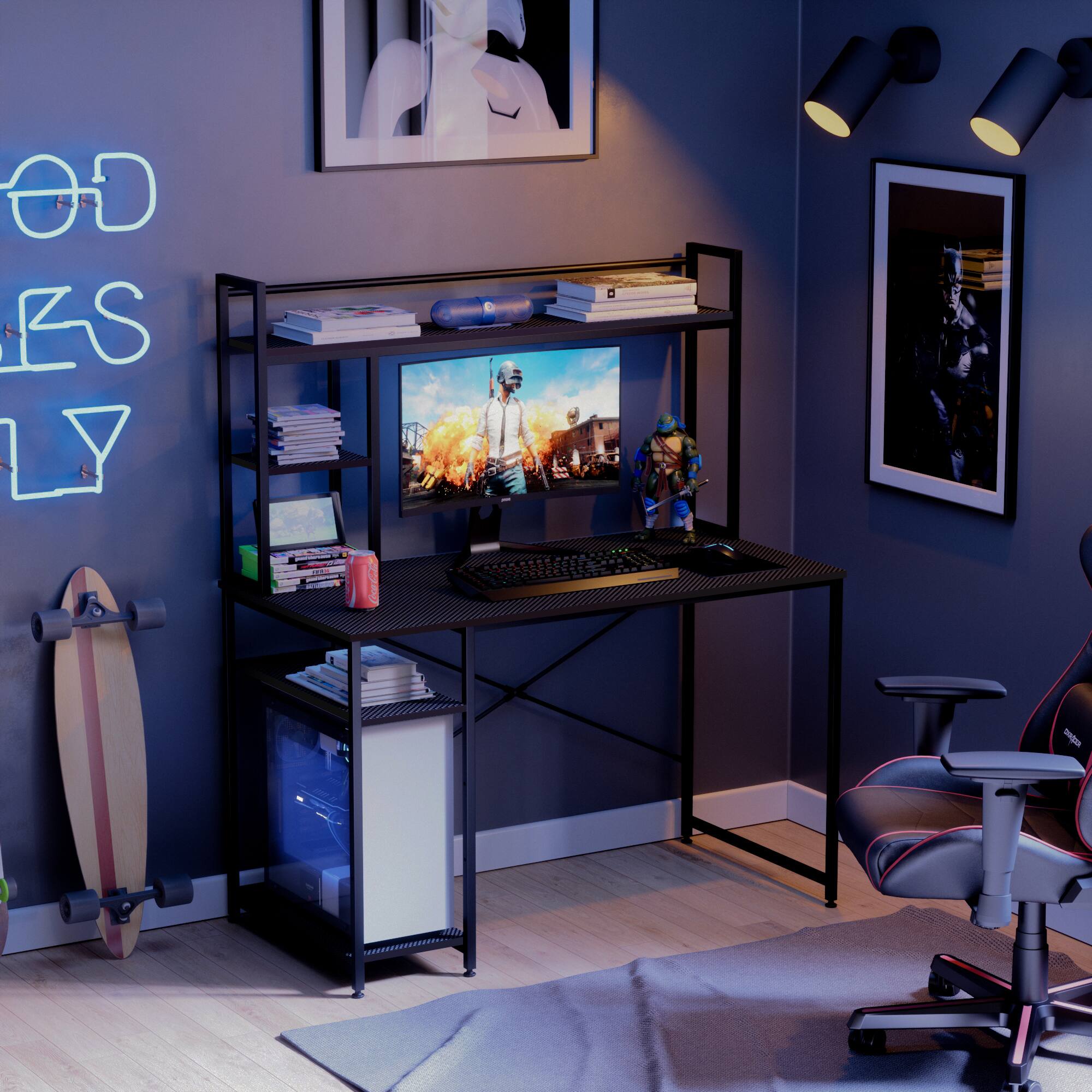 Alt View 3. Bestier - 47-inch Comupter Desk with Adjustable Shelves, Hutch & Multi-Compartment Design for Office Home - Black Carbon Fiber.