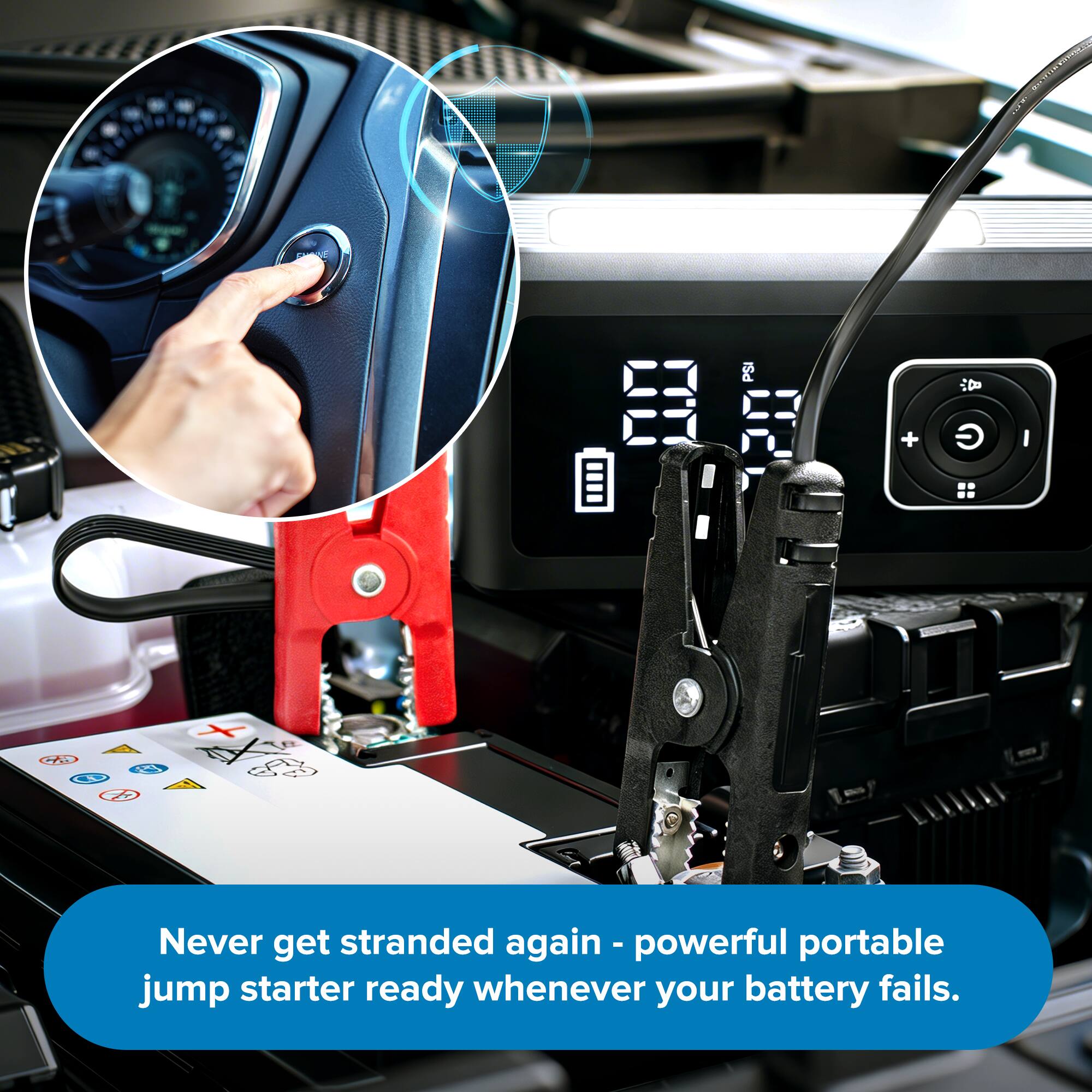 Never get stranded again - powerful portable jump starter ready whenever your battery fails.