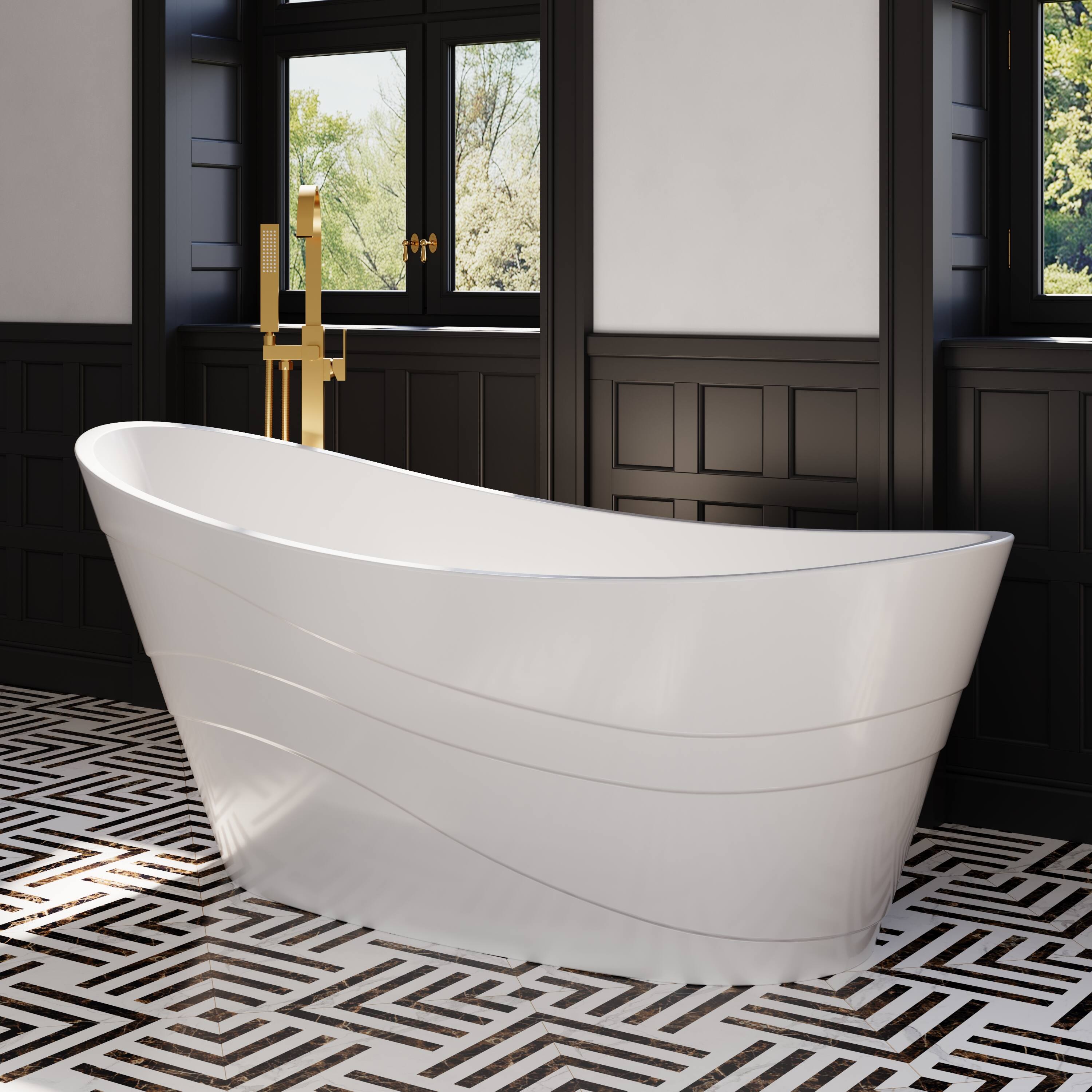 Left. WELLFOR - Trace 67 in. x 29 in. Pure Virgin Acrylic Freestanding Soaking Bathtub with Drain and Overflow - White.