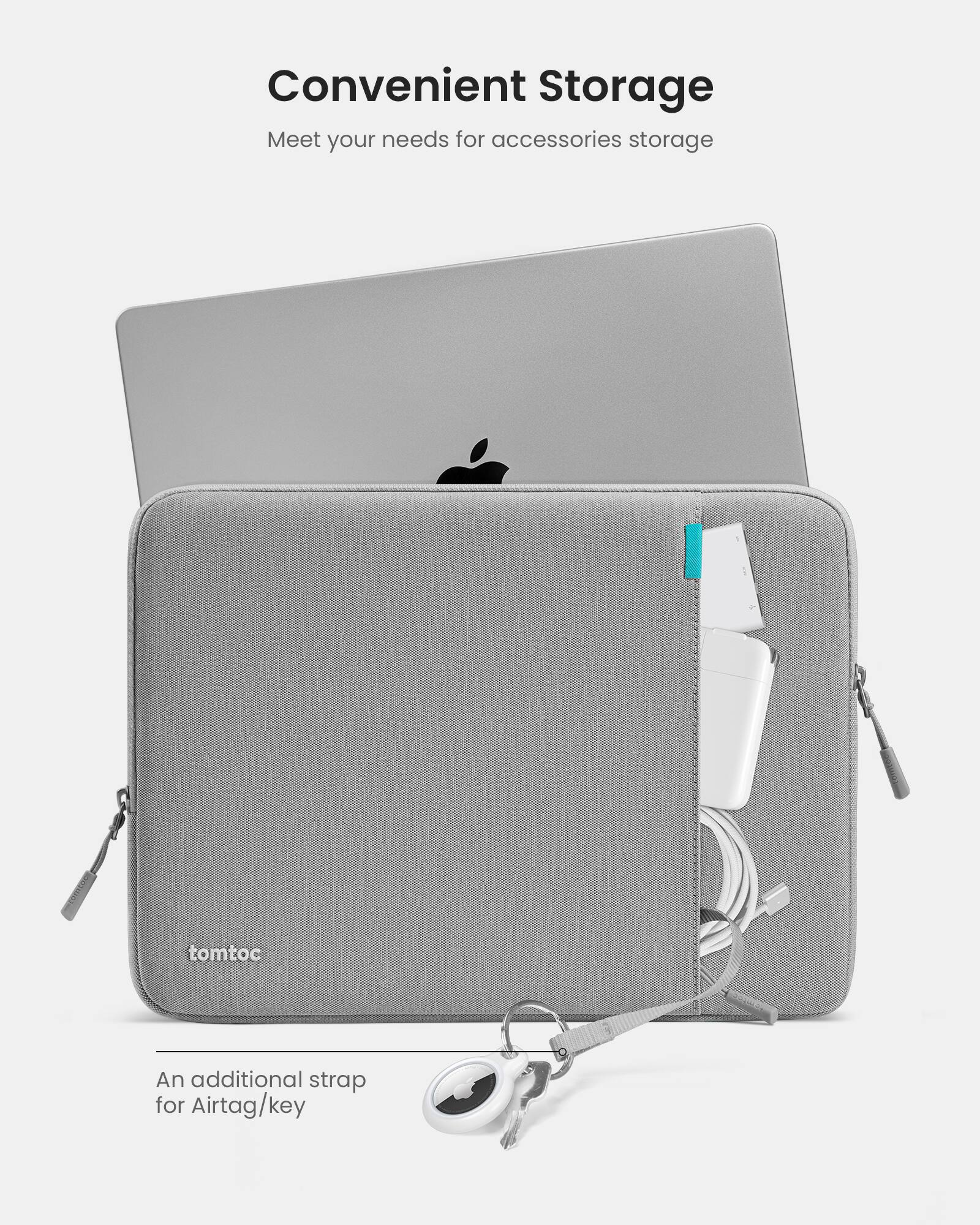 Convenient Storage: Meet your needs for accessories storage with tomtoc. An additional strap for Airtag/key.