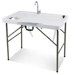 Costway - Folding Fish Cleaning Table with 2 Built-in Sinks & 360°Rotatable Faucet - White
