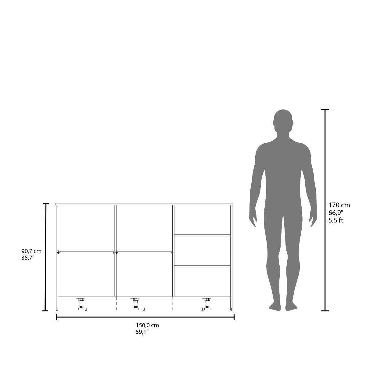 170 cm 66,9" 5,5ft  
90,7 cm 35,7"  
150,0 cm 59,1"