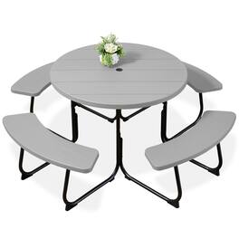 Best Choice Products - 8-Person Circular Outdoor Picnic Table w/ 4 Benches, Umbrella Hole, 2000lb Capacity - Light Gray