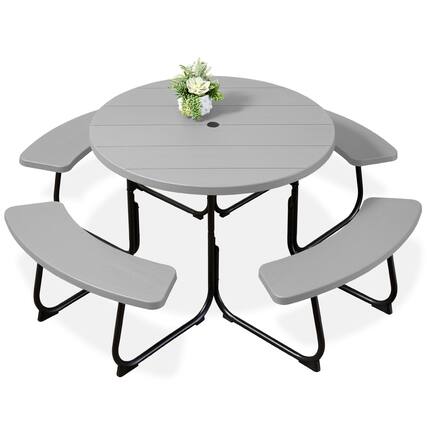 Front. Best Choice Products - Best Choice Products 8-Person Circular Outdoor Picnic Table w/ 4 Benches, Umbrella Hole, 2000lb Capacity - Light Gray - Light Gray.