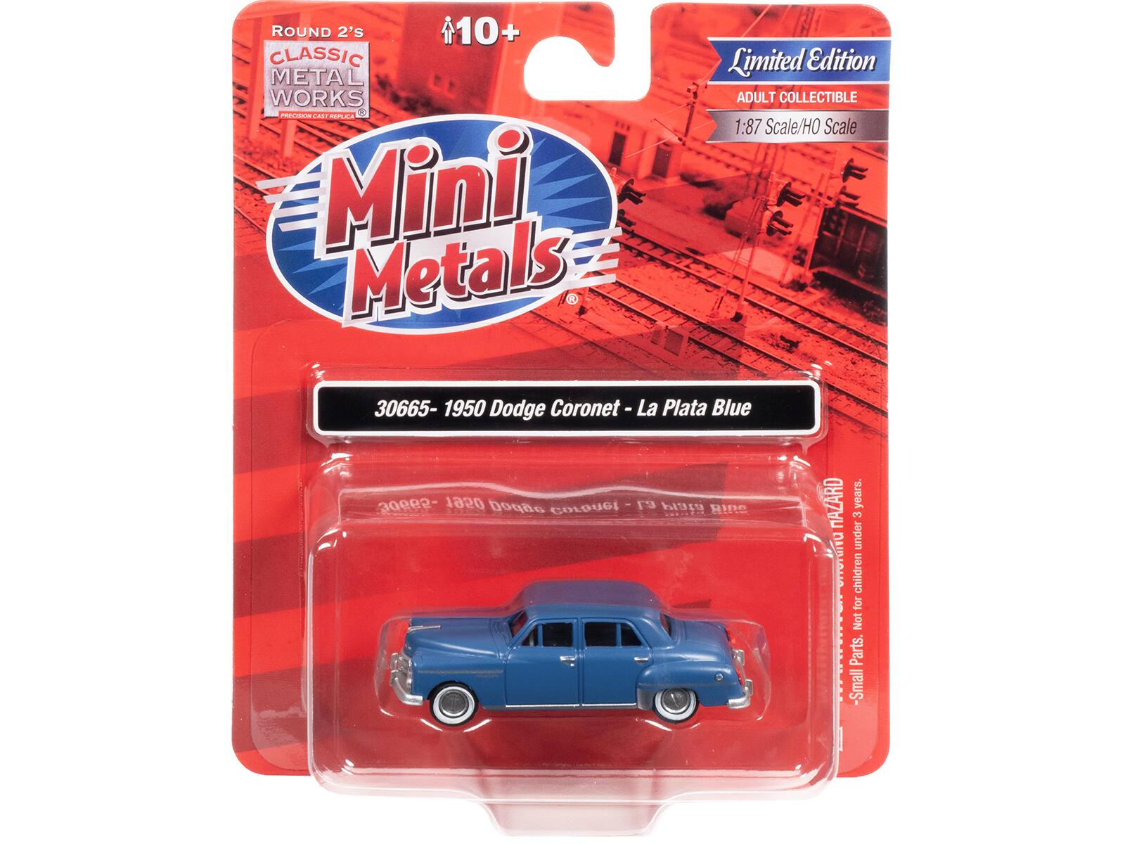 ROUND 2'S  
CLASSIC METAL WORKS  
PRECISION CAST REPLICA  

Mini Metals  

10+  

Limited Edition  
ADULT COLLECTIBLE  
1:87 Scale/HO Scale  

30665 - 1950 Dodge Coronet - La Plata Blue  

Small Parts. Not for children under 3 years.