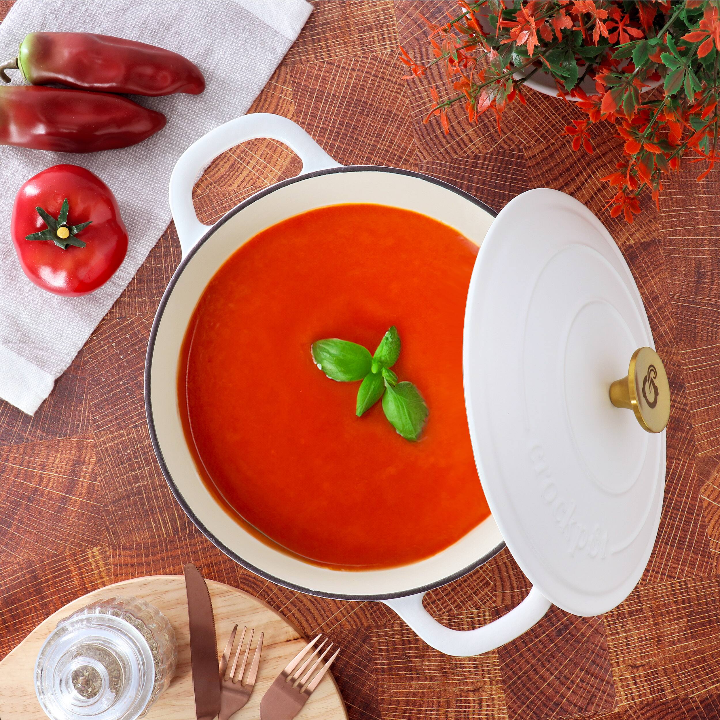 Alt View 6. Oster - Crockpot Artisan 6 Quart Enameled Cast Iron Dutch Oven in Matte Linen with Gold Handle - Linen, Gold.