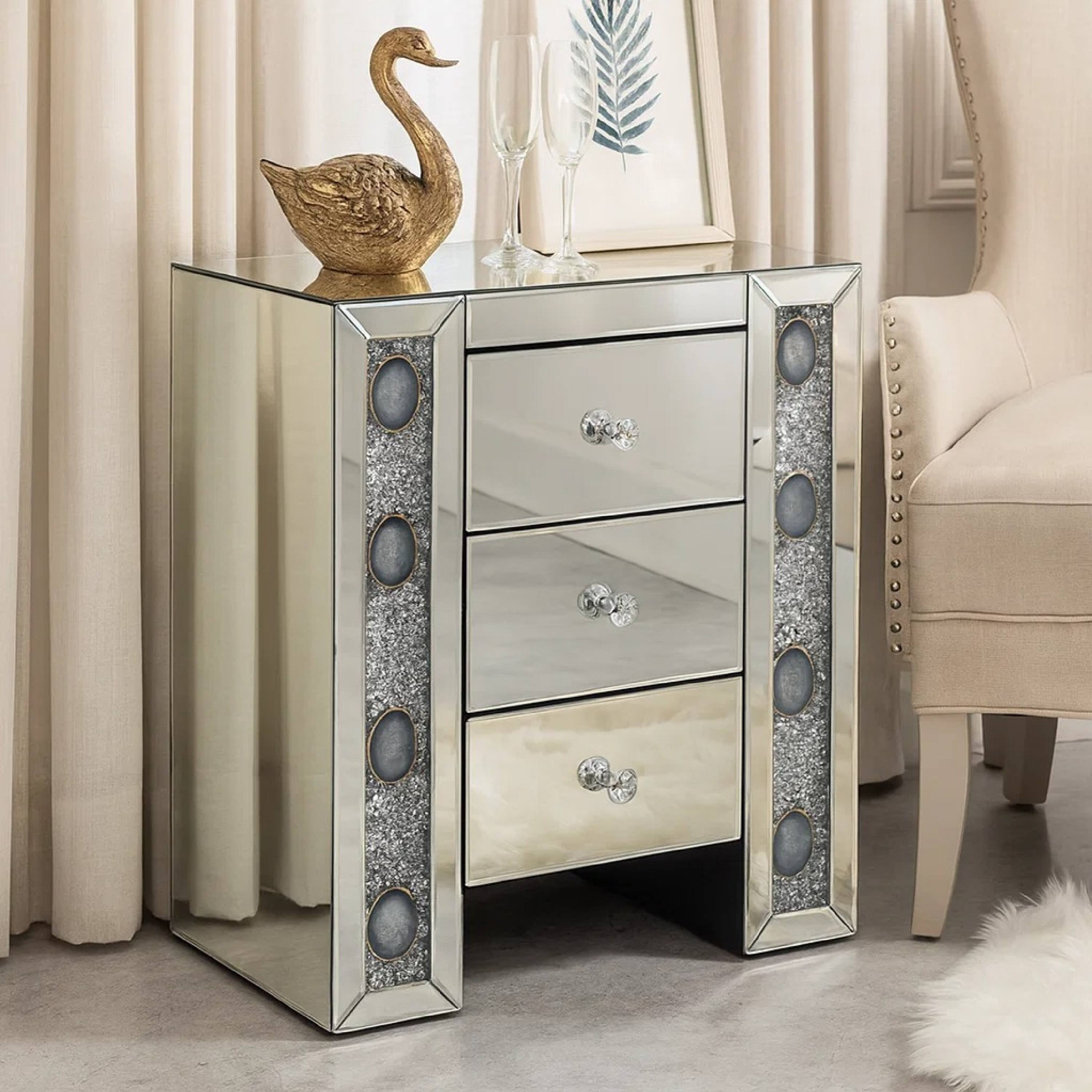 Alt View 5. Manhattan Lane - Wood & Mirror Nightstand with Agate Inserts - Silver.
