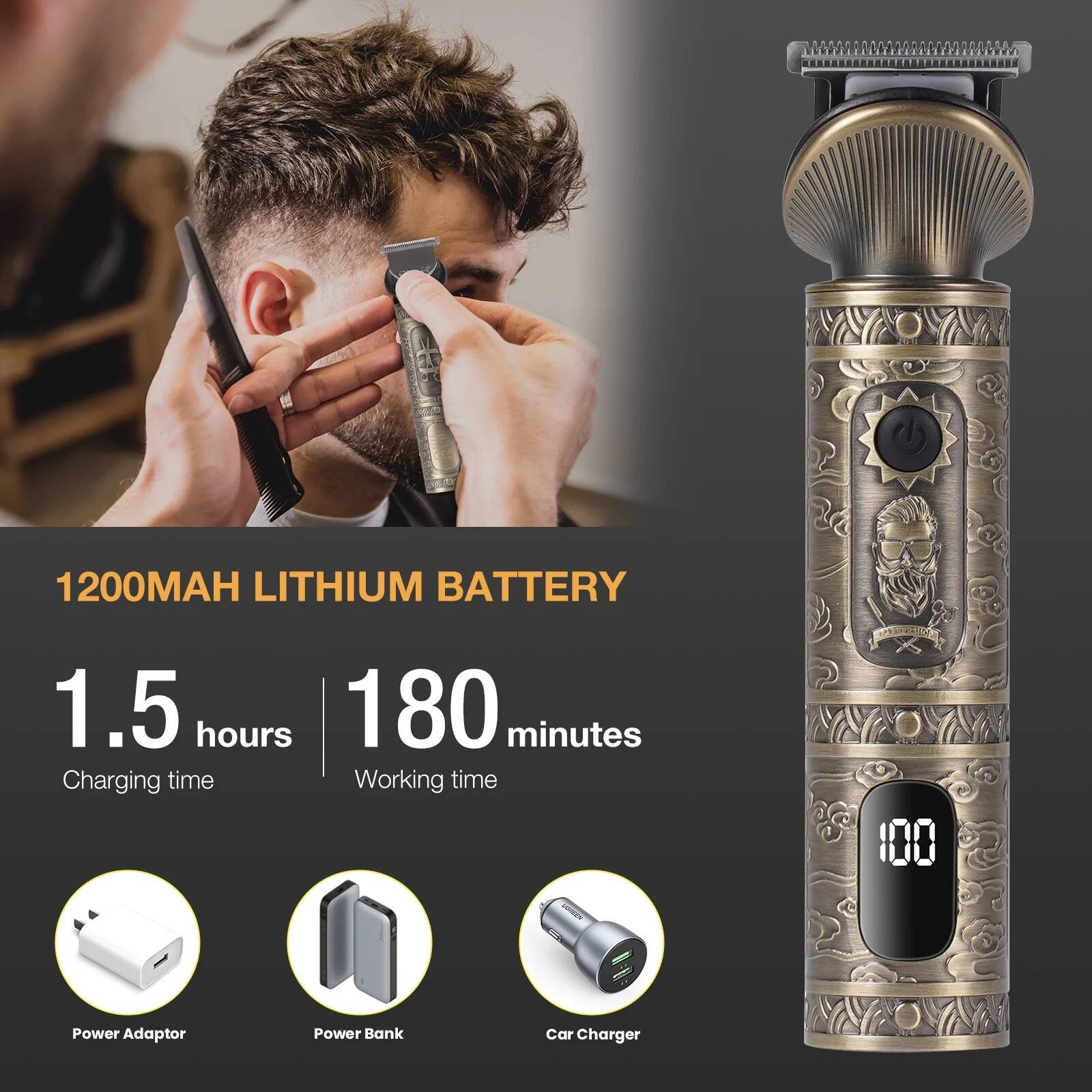 1200MAH LITHIUM BATTERY

1.5 hours Charging time

180 minutes Working time

Power Adaptor

Power Bank

Car Charger