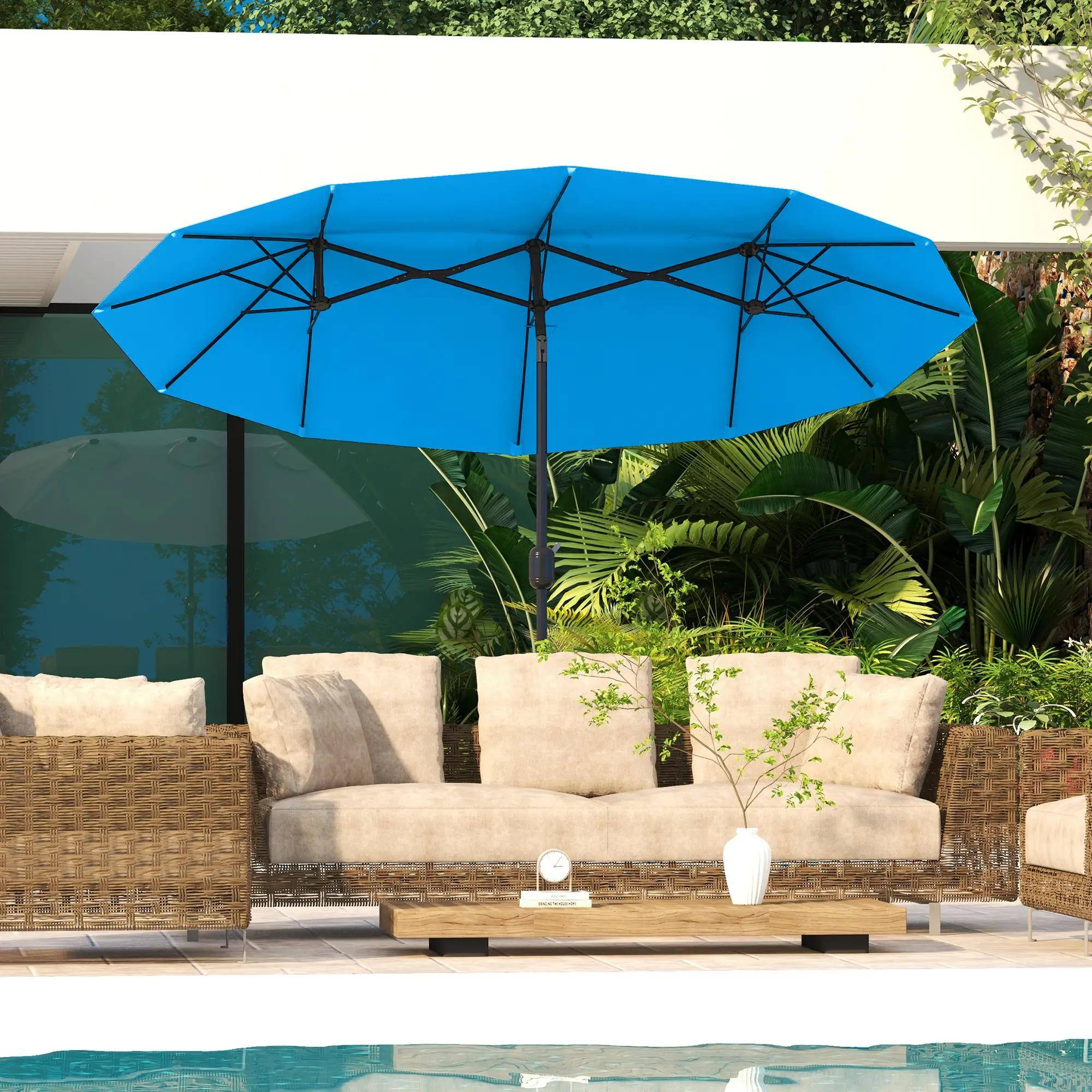 Angle. Spaco - Spaco 9.5Ft Double-Sided Patio Umbrella, Tilt Crank Shade with 3 Vents - Cyan Blue.