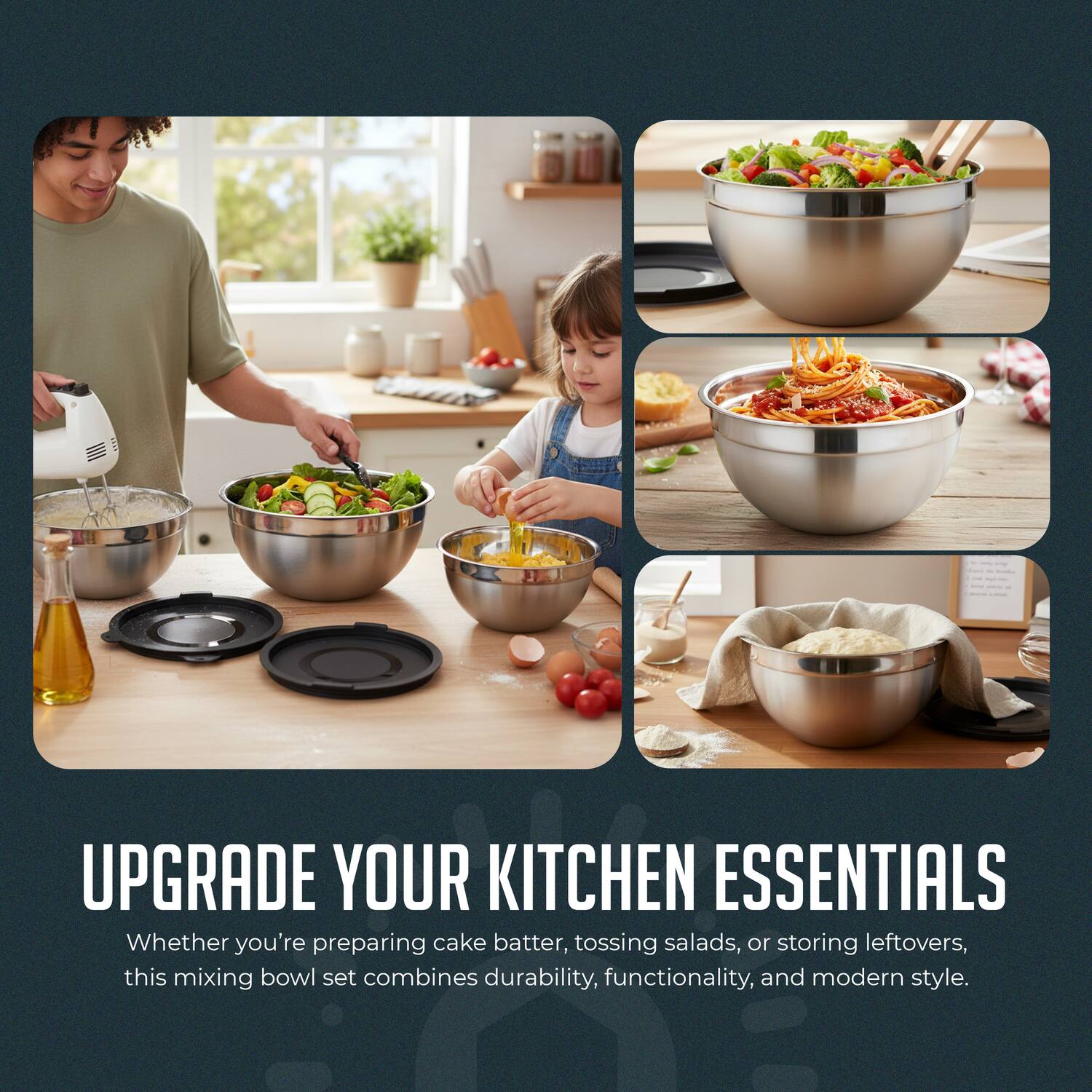 UPGRADE YOUR KITCHEN ESSENTIALS

Whether you're preparing cake batter, tossing salads, or storing leftovers, this mixing bowl set combines durability, functionality, and modern style.