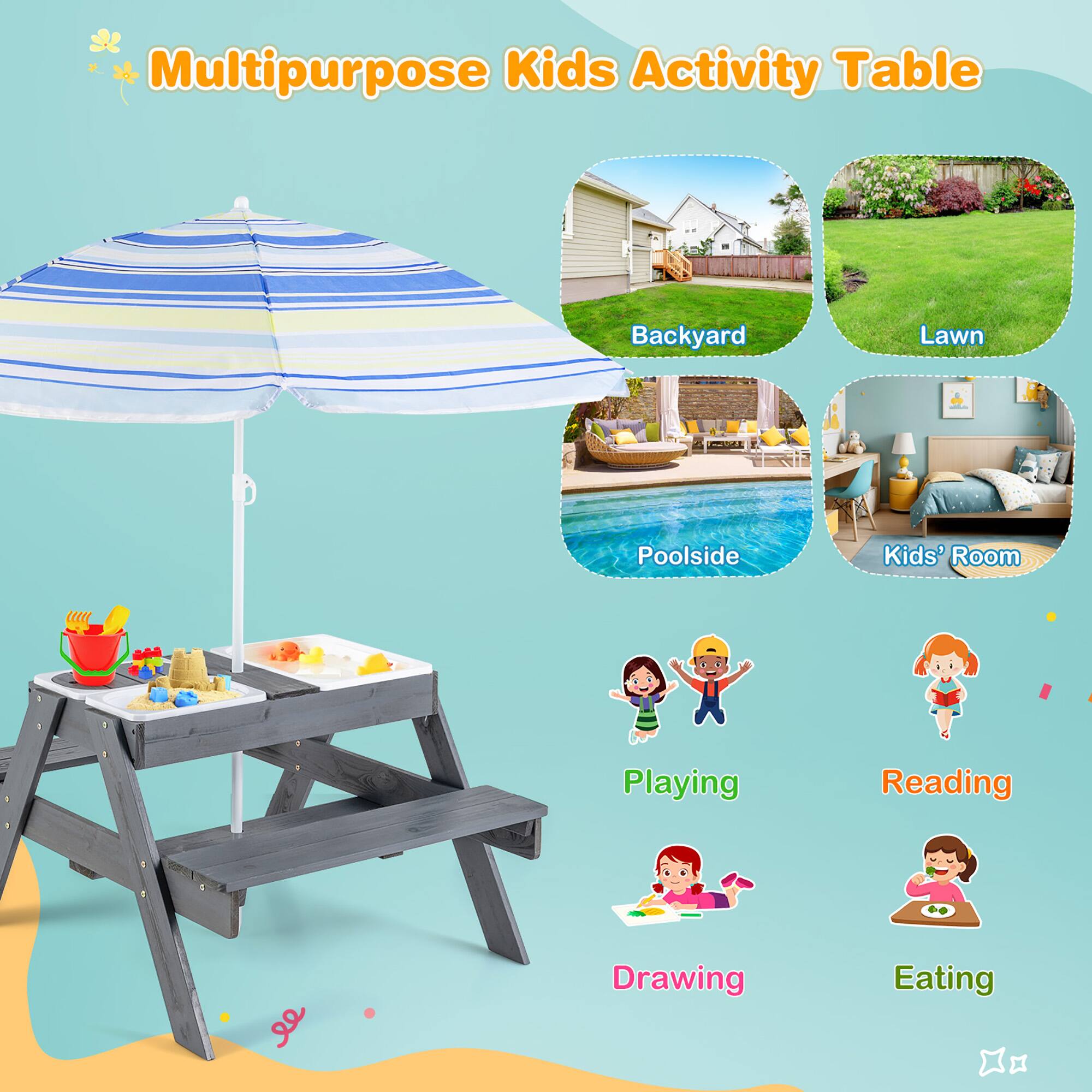 Multipurpose Kids Activity Table  
Backyard  
Lawn  
Poolside  
Kids' Room  
Playing  
Reading  
Drawing  
Eating