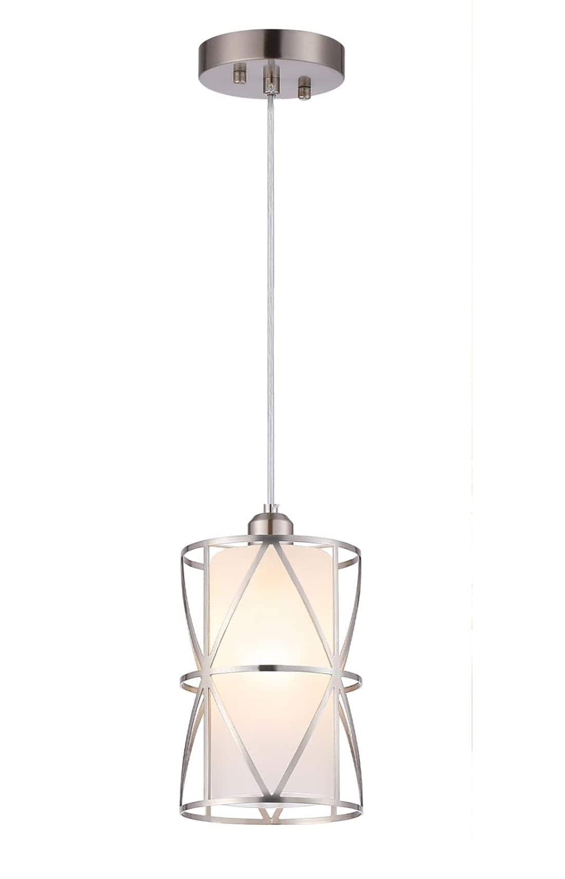 FINEAK - Modern Brushed Nickel Pendant Light with Frosted Glass - Cylindrical Hanging Fixture