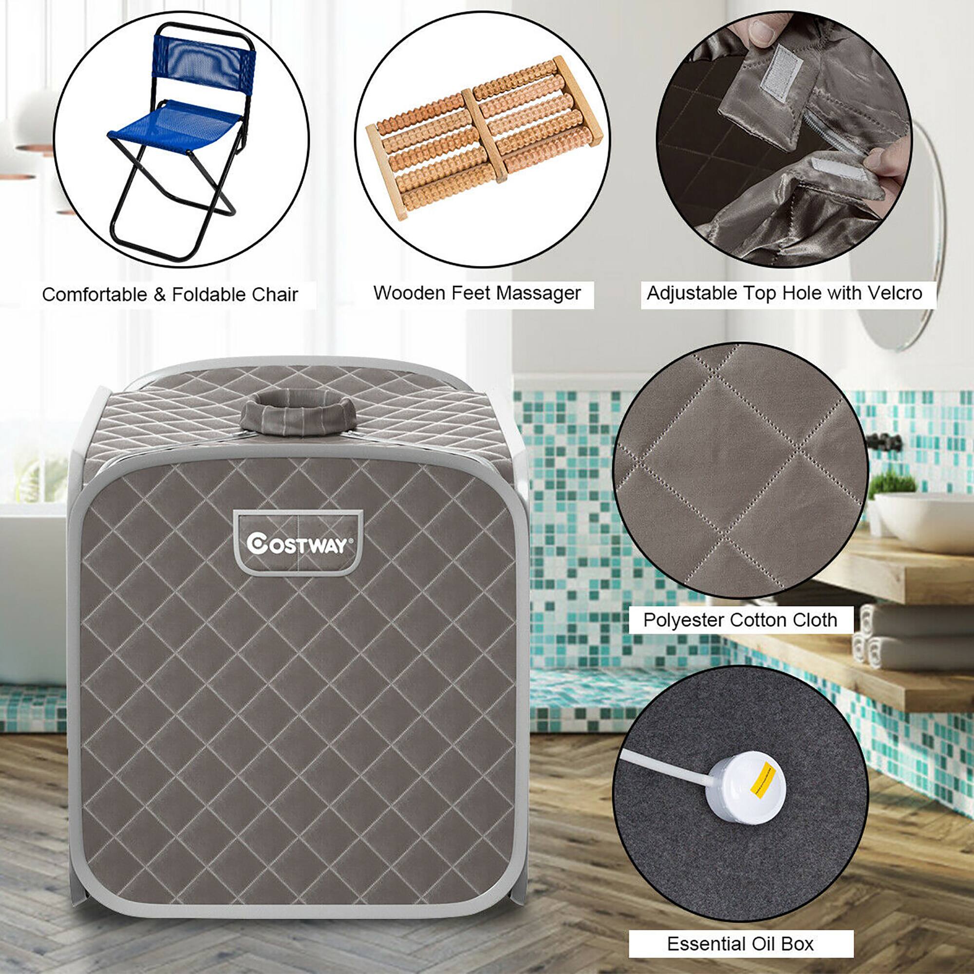 The text on the image is grouped and corrected as follows:

1. Comfortable & Foldable Chair
2. Wooden Feet Massager
3. Adjustable Top Hole with Velcro
4. Polyester Cotton Cloth
5. Essential Oil Box