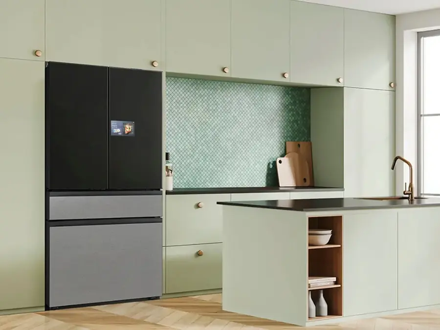 Alt View 18. Samsung - Bespoke 23 cu. ft. Counter Depth 4-Door French Door Refrigerator with AI Home - Charcoal Glass / Stainless Steel.