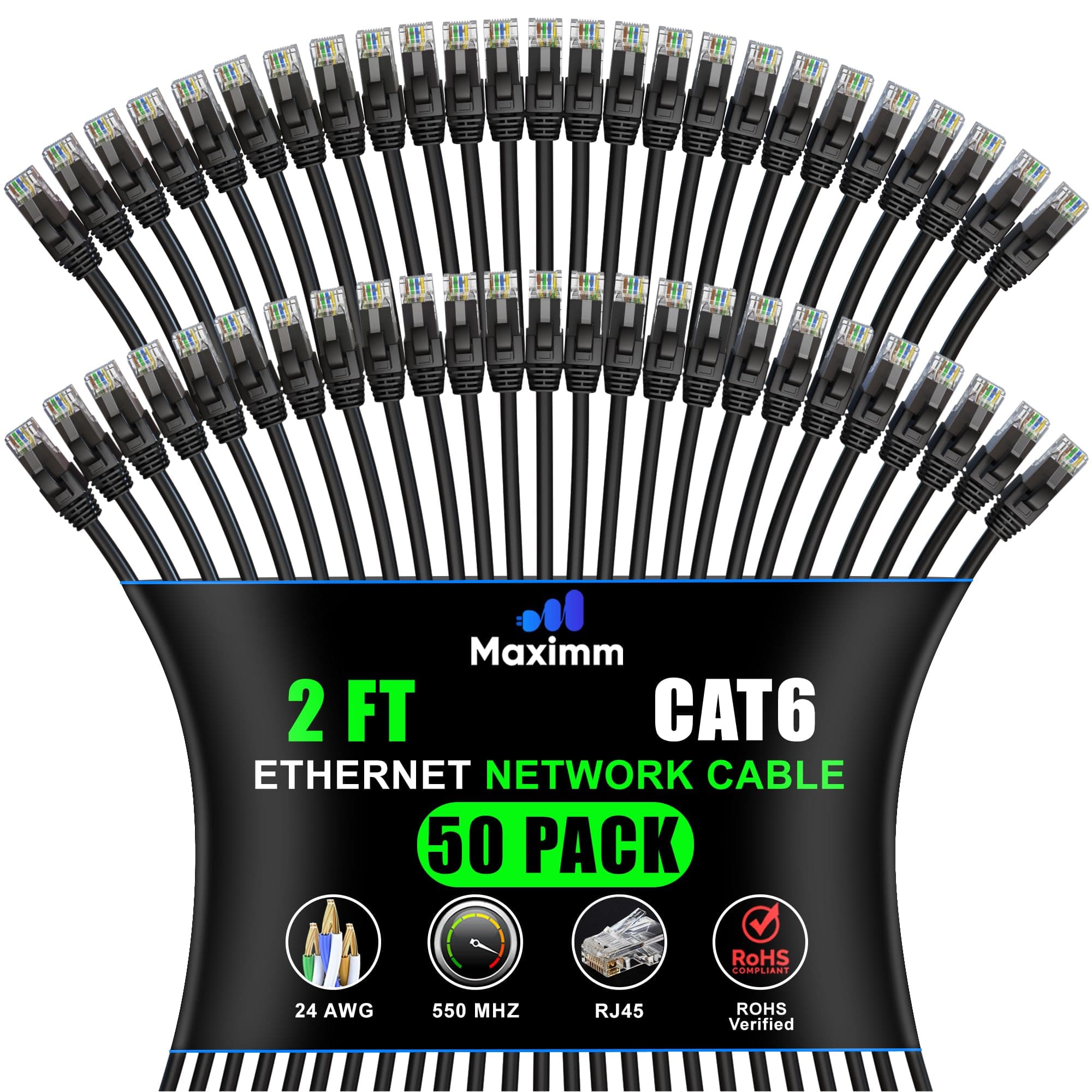Maximm - Cat 6 Ethernet Cable 2 ft (50-Pack) - UTP, 10Gbps, 550MHz