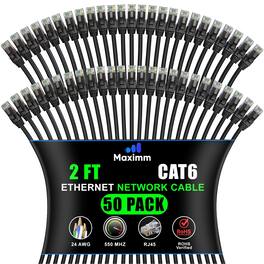 Maximm - Cat 6 Ethernet Cable 2 ft (50-Pack) - UTP, 10Gbps, 550MHz