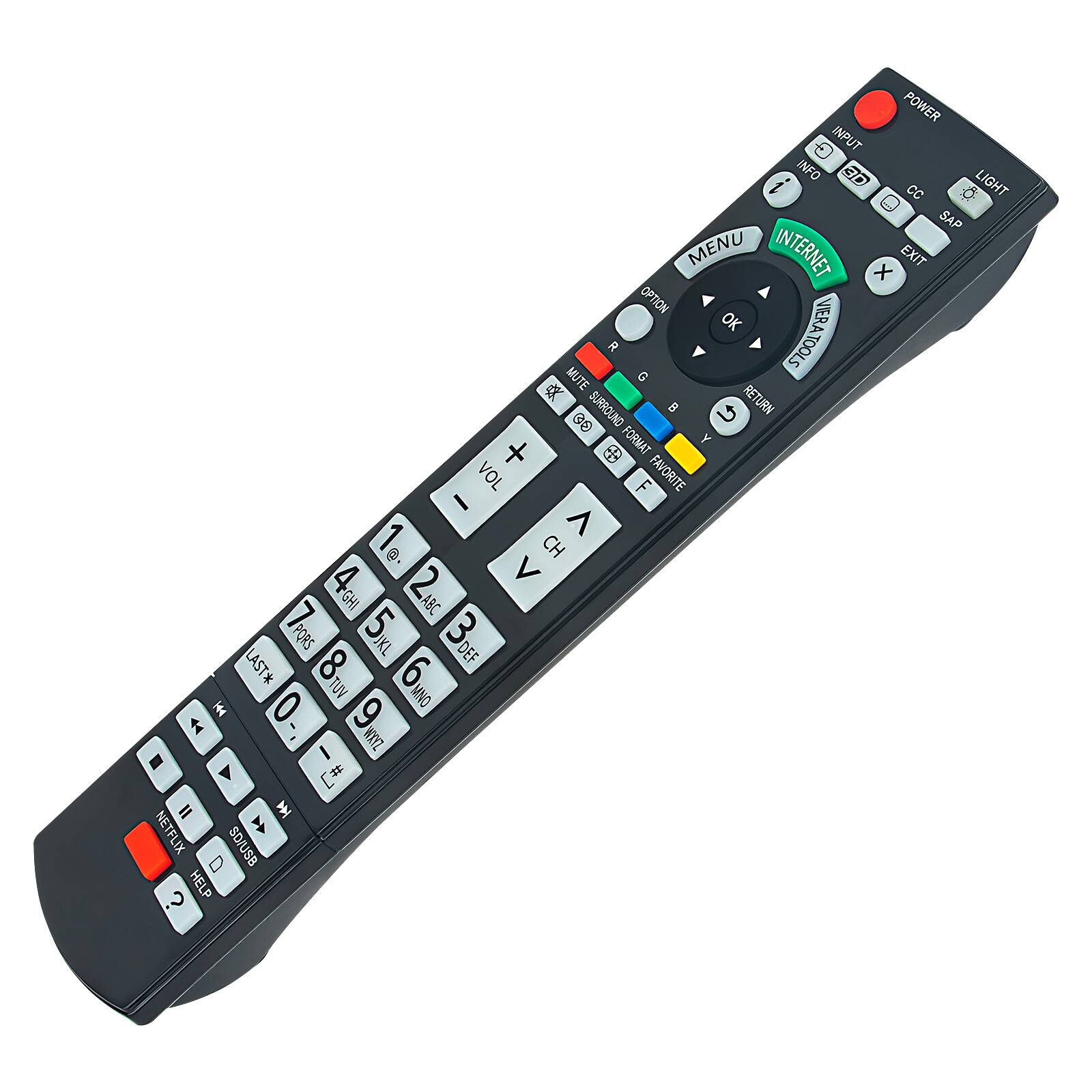 Sure, here is the corrected and grouped text from the image:

**Top Section:**
- POWER
- INPUT
- INFO
- 3D
- LIGHT
- CC
- SAP
- MENU
- INTERNET
- EXIT
- OPTION
- OK
- VERATOOLS
- MUTE
- RETURN
- SURROUND
- FORMAT
- FAVORITE
- VOL
- CH
- 4GH
- 2
- GHI
- 5
- JKL
- 3
- LAST
- 8
- DEF
- 0
- TUV
- 6
- MNO
- 6
- I
- ZA1M
- NET
- NETFLIX
- SD/USB
- HELP

**Middle Section:**
- VOL +
- VOL -
- MENU
- OK
- RETURN
- MUTE
- R
- G
- B
- Y
- F
- 4GH
- 2
- GHI
- 5
- JKL
- 3
- DEF
- 8
- 9
- 0
- TUV
- 6
- M