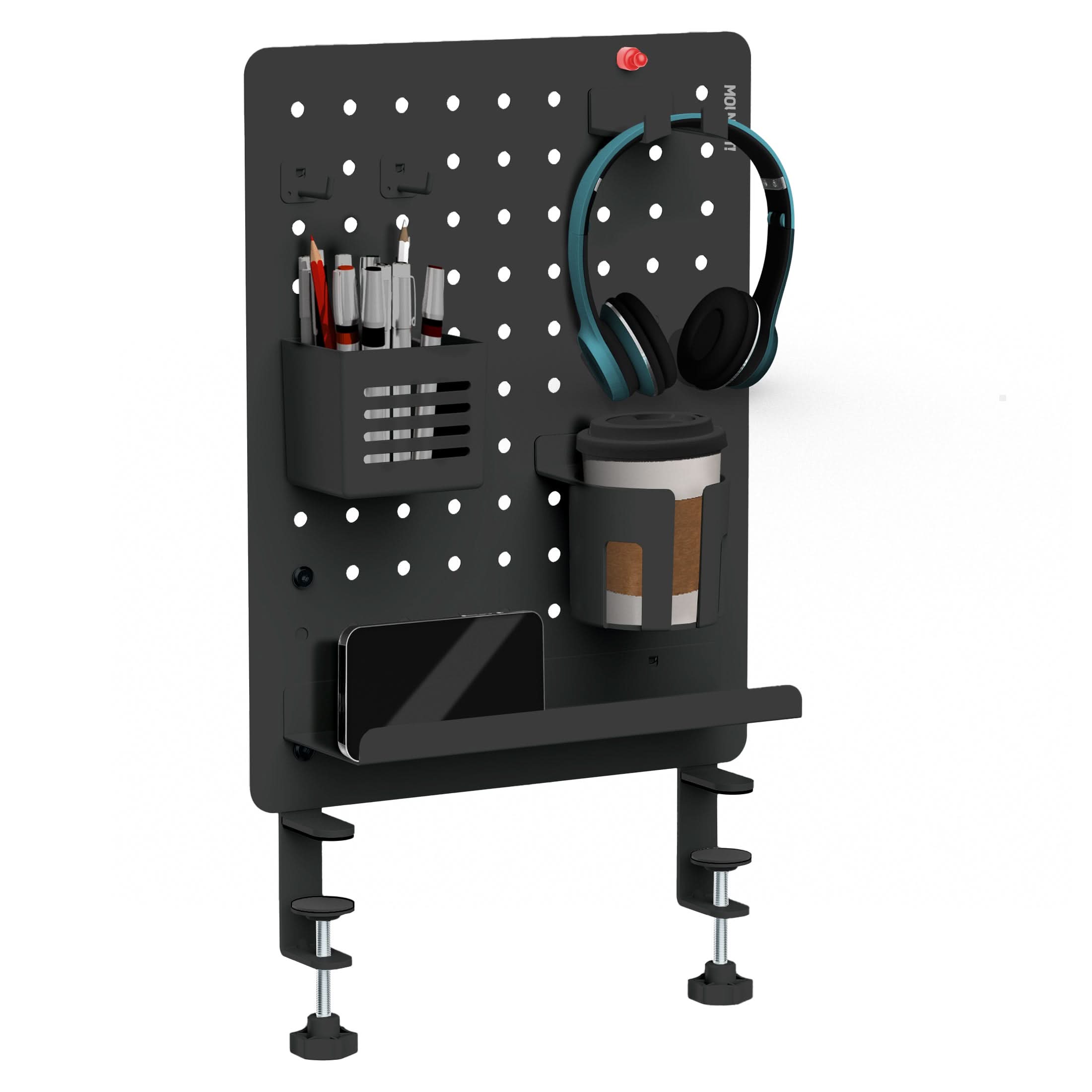 Back. Mount-It! - Clamp-On Pegboard Organizer, Magnetic Desk Storage Panel with Hooks for Office and Gaming - Black.