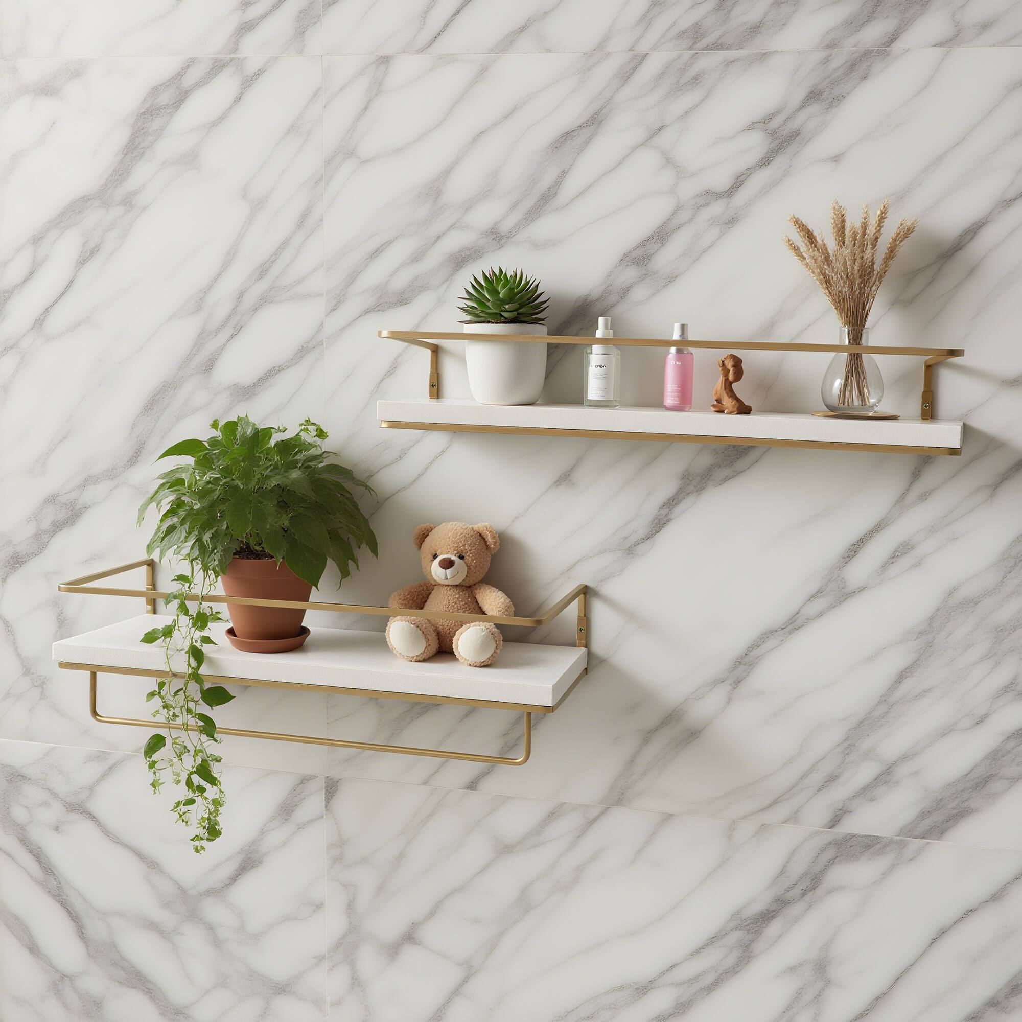 Alt View 2. Dazzed Corner - Floating Shelves - Set of 2, Wall Mounted Hanging Shelves with Golden Towel Rack. - White.