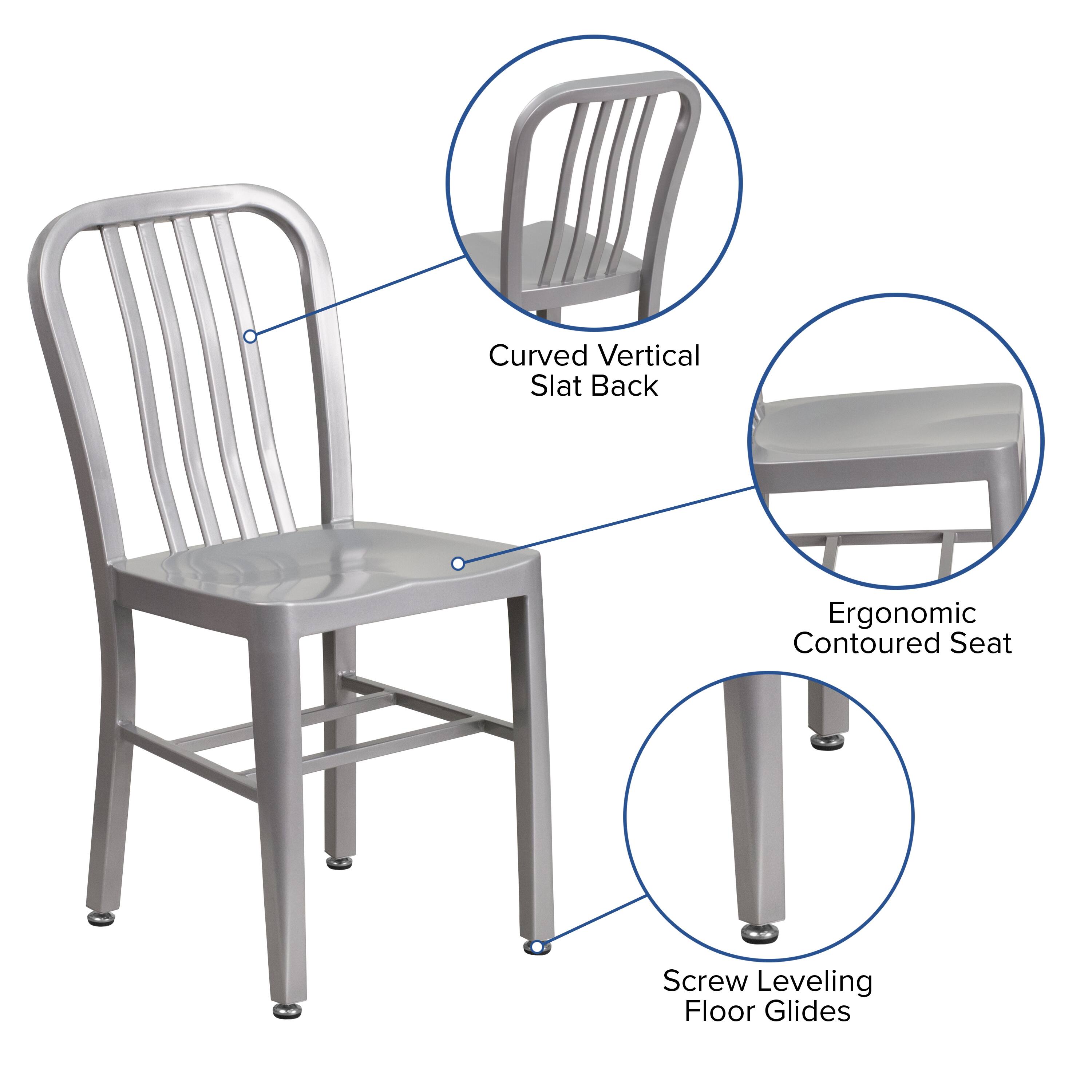 Curved Vertical Slat Back  
Ergonomic Contoured Seat  
Screw Leveling Floor Glides