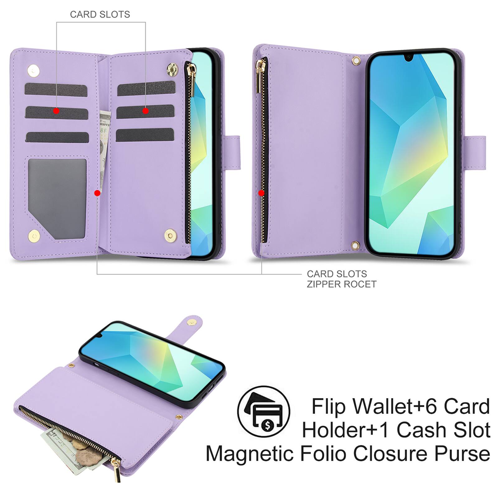 CARD SLOTS

8F

CARD SLOTS ZIPPER ROCET

Flip Wallet+6 Card Holder+1 Cash Slot Magnetic Folio Closure Purse