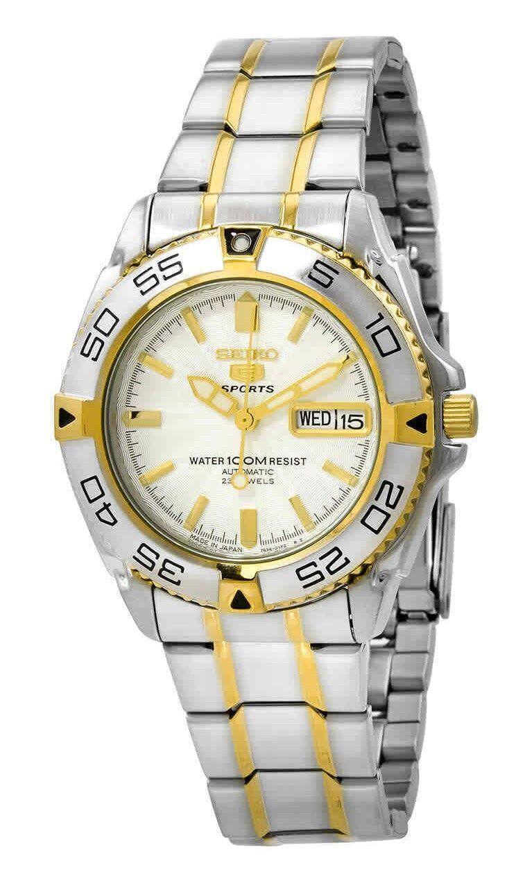 Seiko - 5 Sports Automatic SNZB24J1 Mens Watch 23 Jewels Japan Made 100M White Dial Day/Date Display 100M - Silver/Two Tone